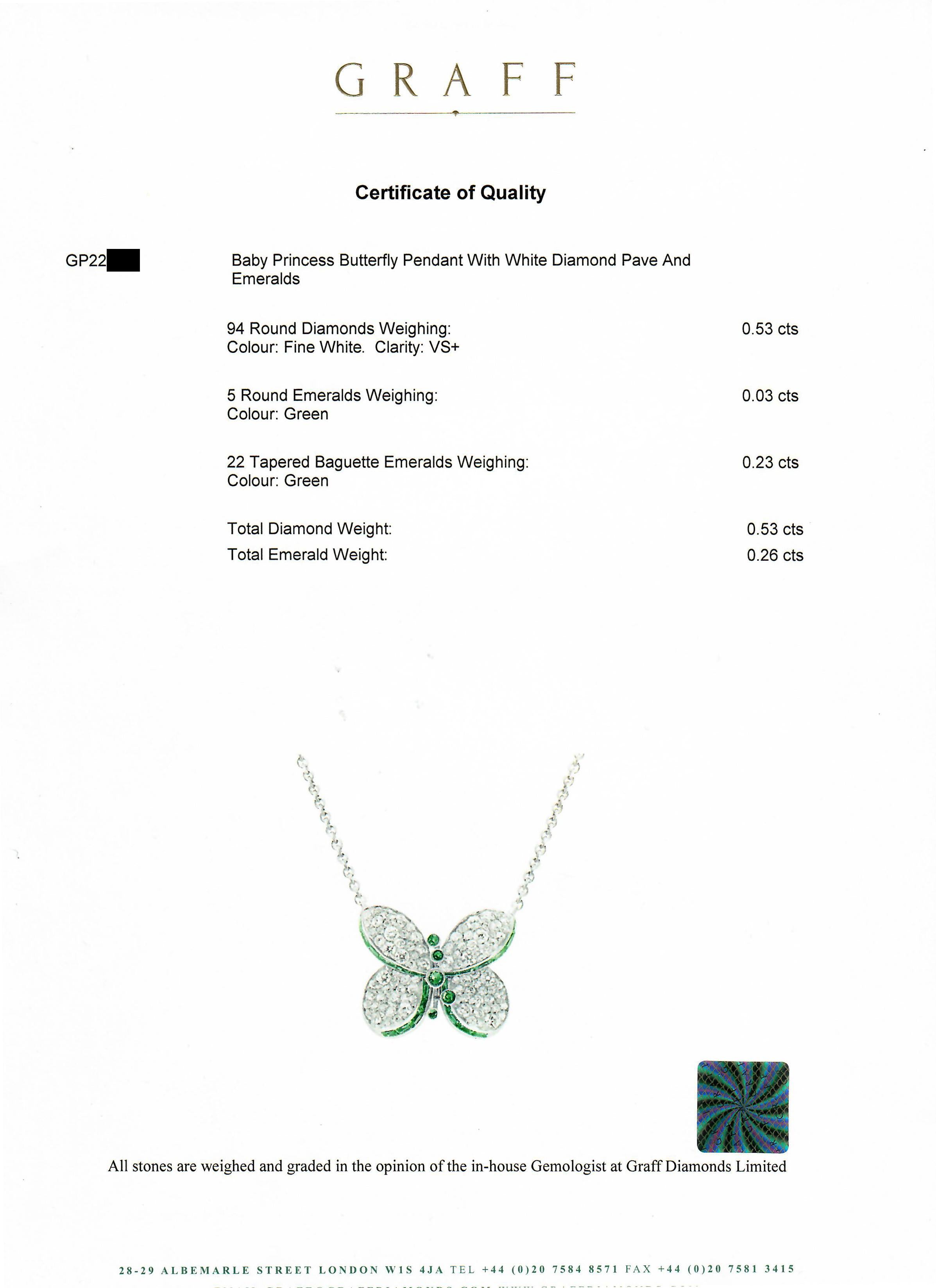 Graff Princess Butterfly Diamond and Emerald Pendant Necklace For Sale 1