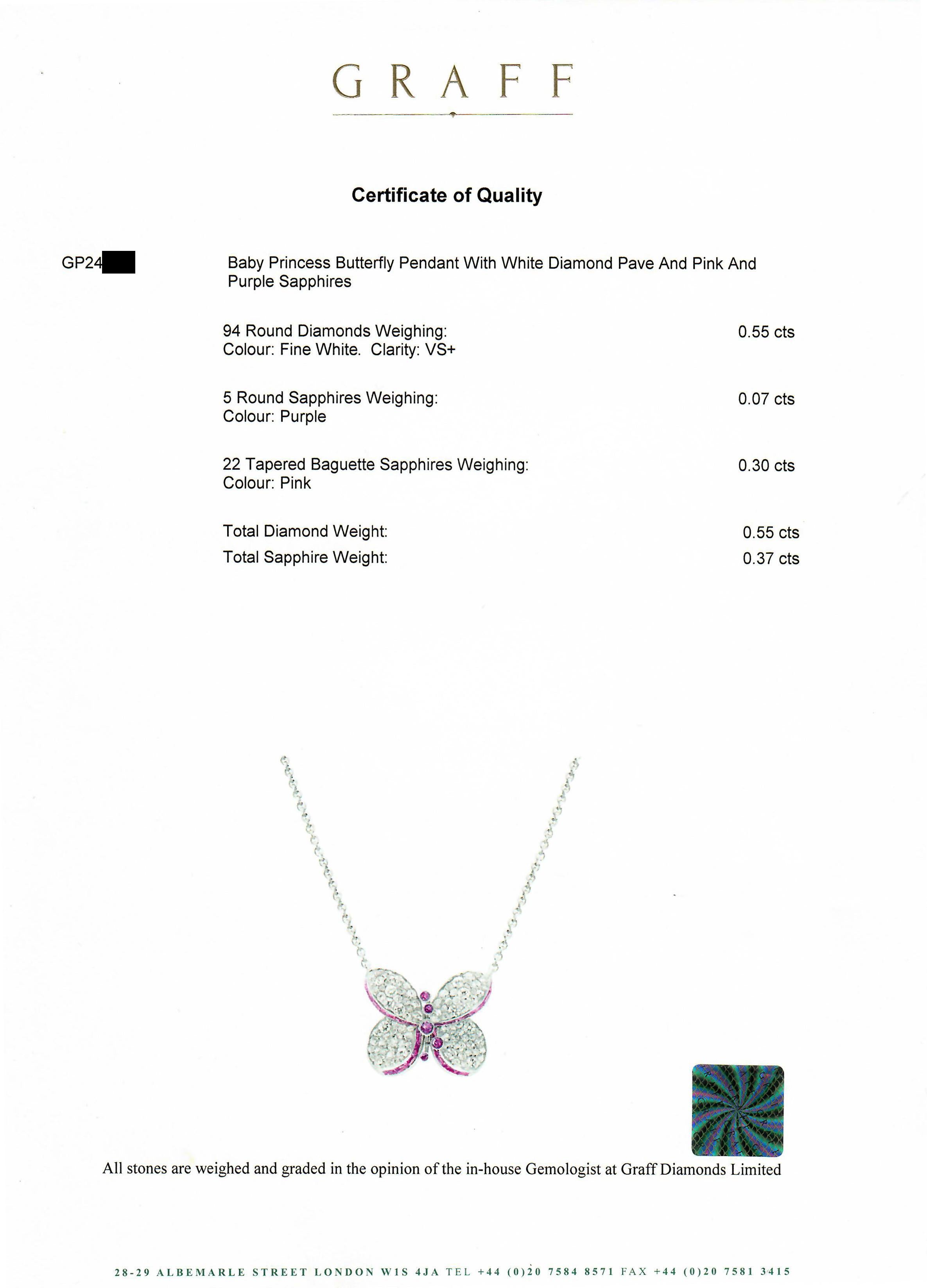 Women's Graff Princess Butterfly Pendant with Diamonds & Pink & Purple Sapphire Necklace For Sale