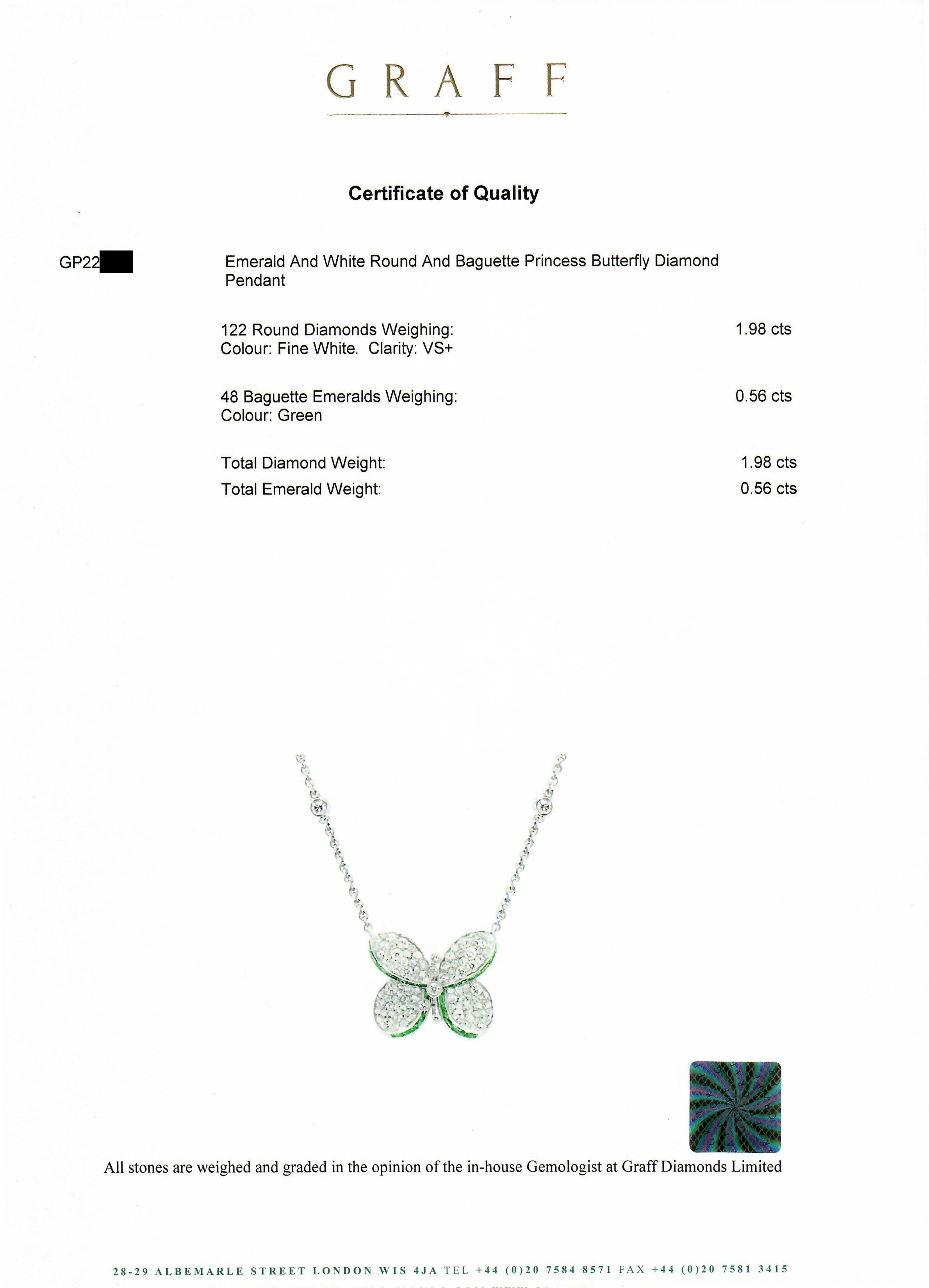 Graff Princess Butterfly Pendant with Round Diamond & Baguette Emerald Necklace For Sale 1