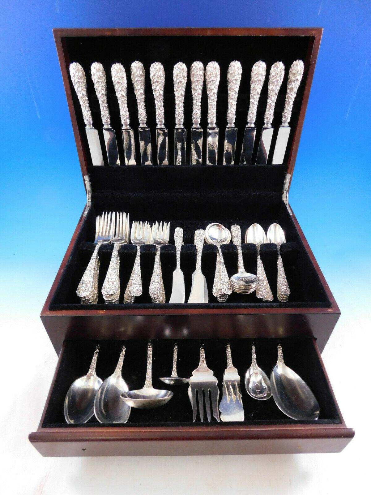 Rare Princess by Stieff hand chased high-relief repousse sterling silver flatware set, 70 pieces (plus 12 Rose by Stieff Teaspoons). This set includes:

12 knives, 8 5/8