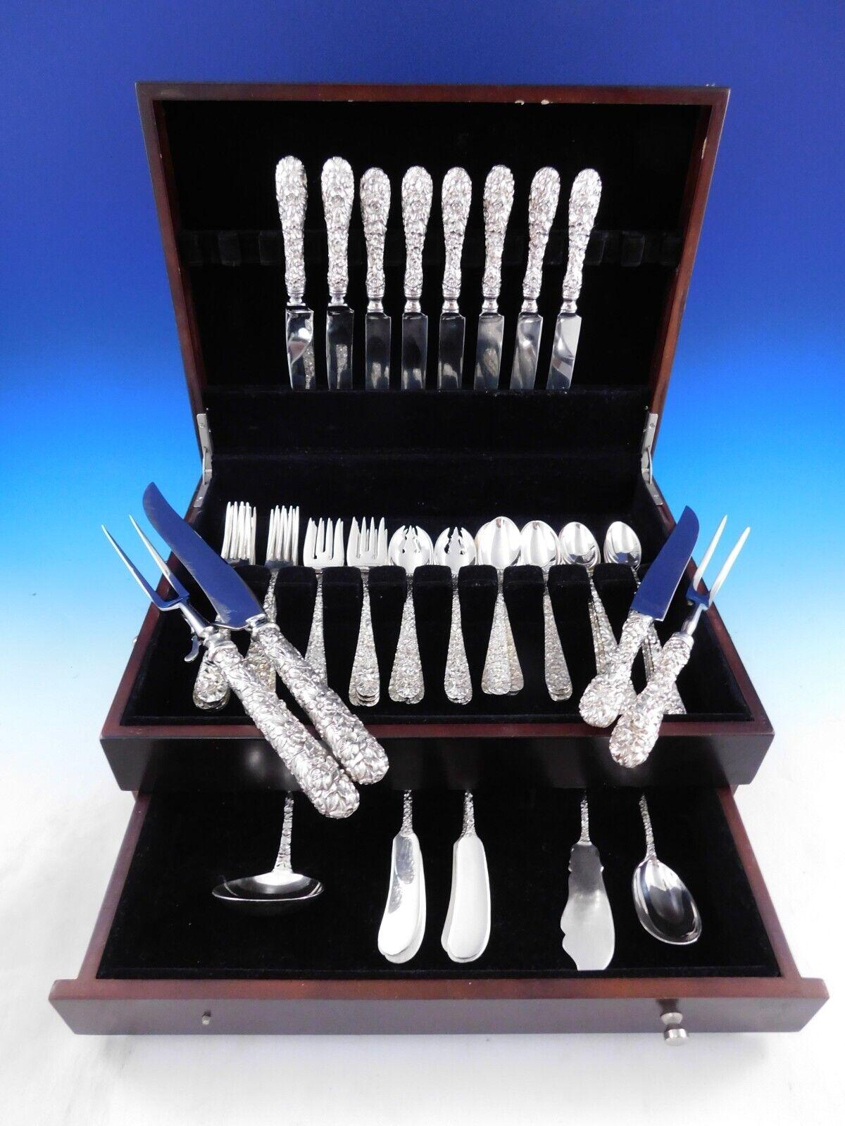 Scarce Princess by Stieff hand chased high-relief repousse sterling silver Flatware set, 55 pieces (plus 8 Rose by Stieff Teaspoons). This set includes:

8 Knives, 8 3/4