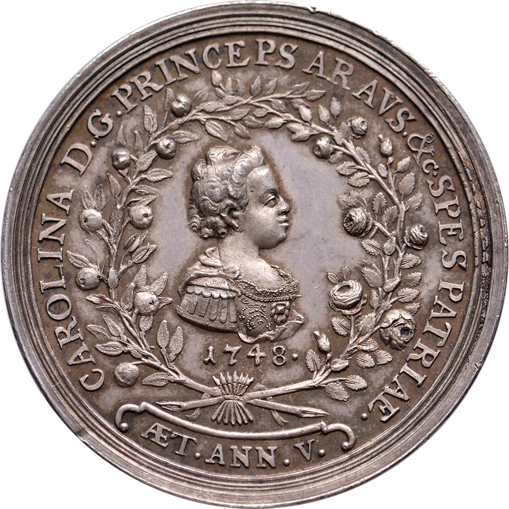 Obverse: W. C. H. FRISO & ANNA D.G. PRINCIPLES ARAVS. &c, bust of Stadtholder William IV (in armour and with the Order of Saint George of the Garter on a ribbon) and Princess Anna (with diadem)
Reverse: CAROLINA D.G. PRINCIPLES ARAVS. &c. SPES