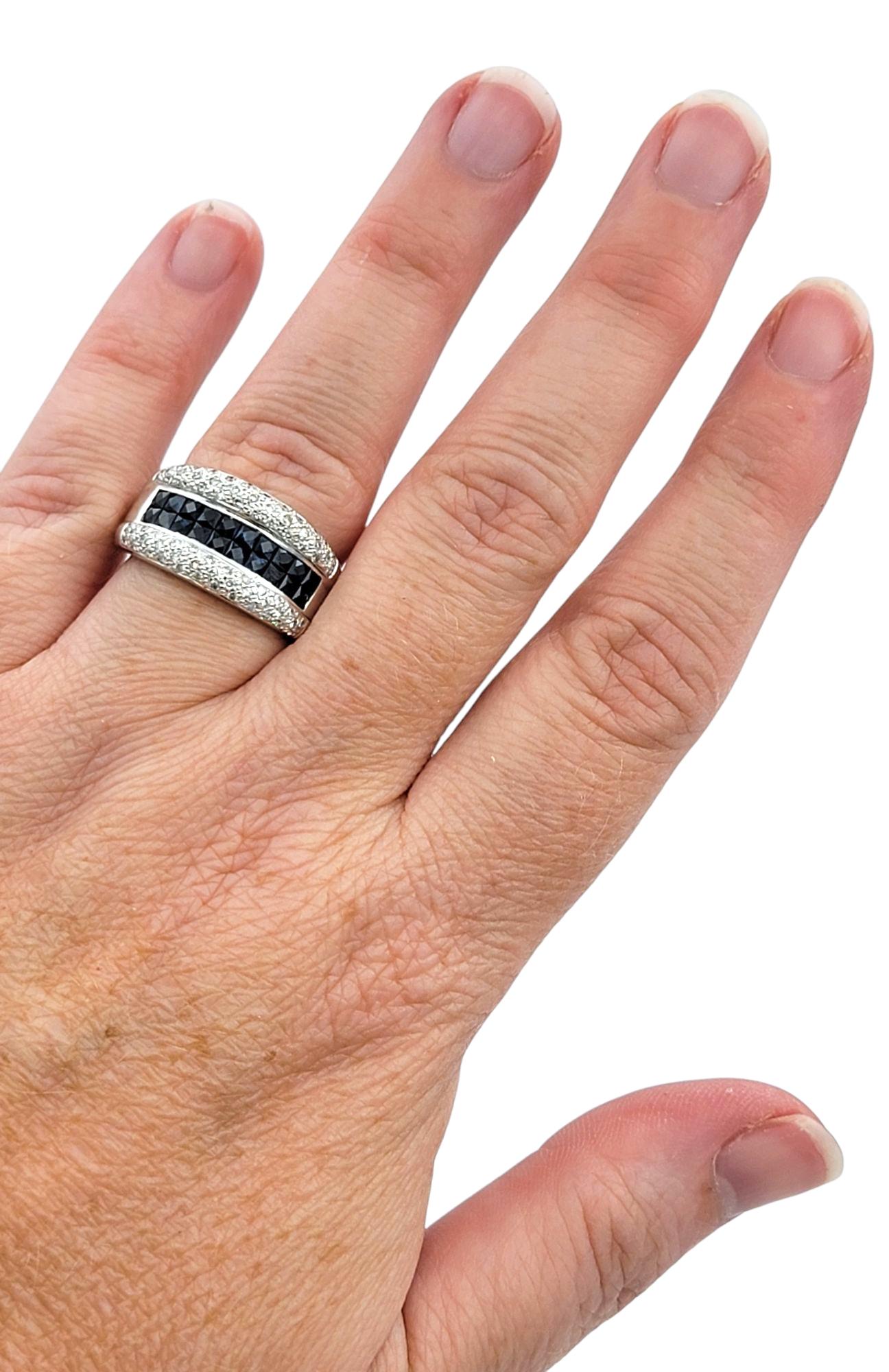 Princess Checkered Cut Blue Sapphire & Diamond Band Ring in 14 Karat White Gold For Sale 4