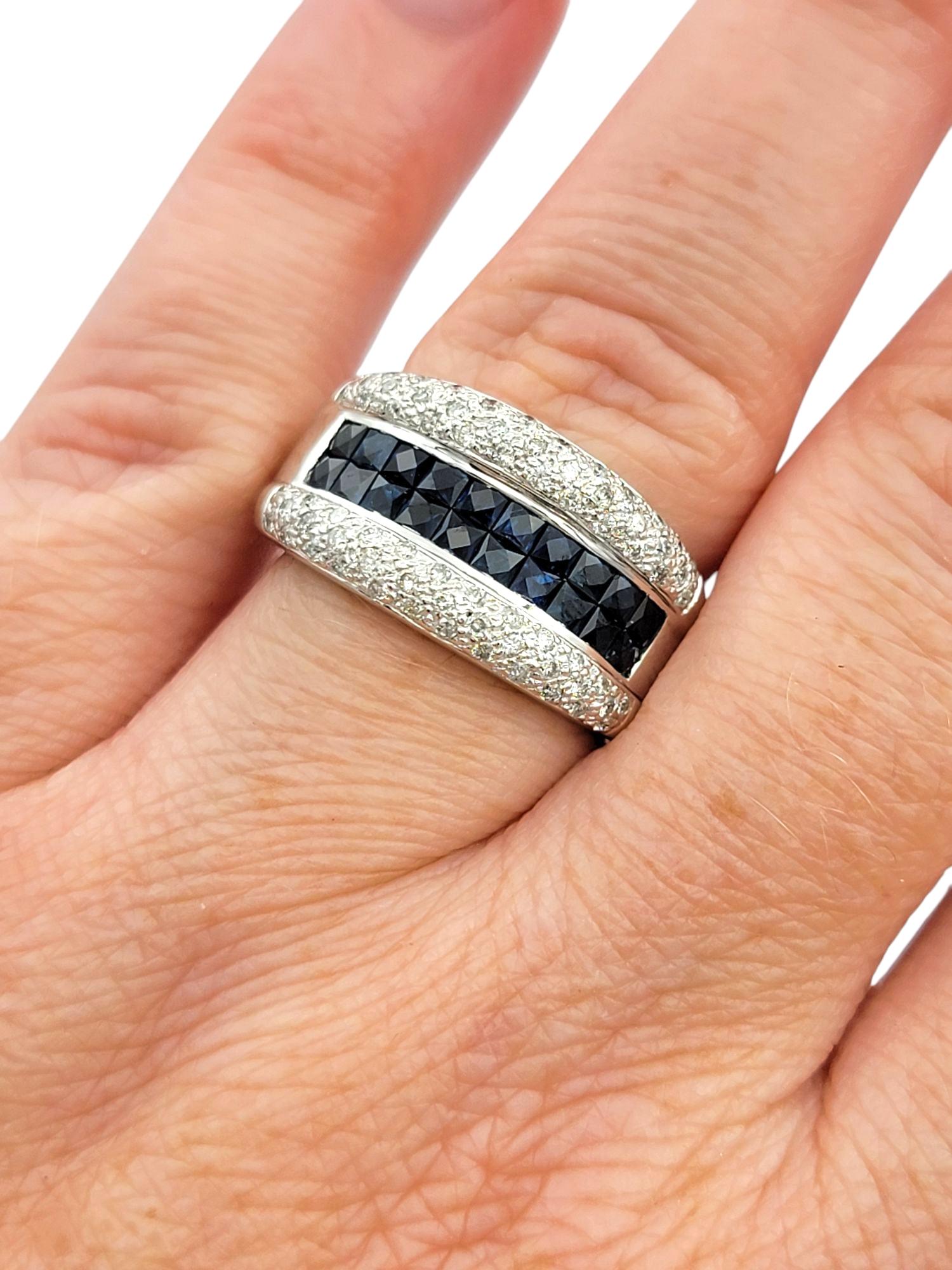 Princess Checkered Cut Blue Sapphire & Diamond Band Ring in 14 Karat White Gold For Sale 5