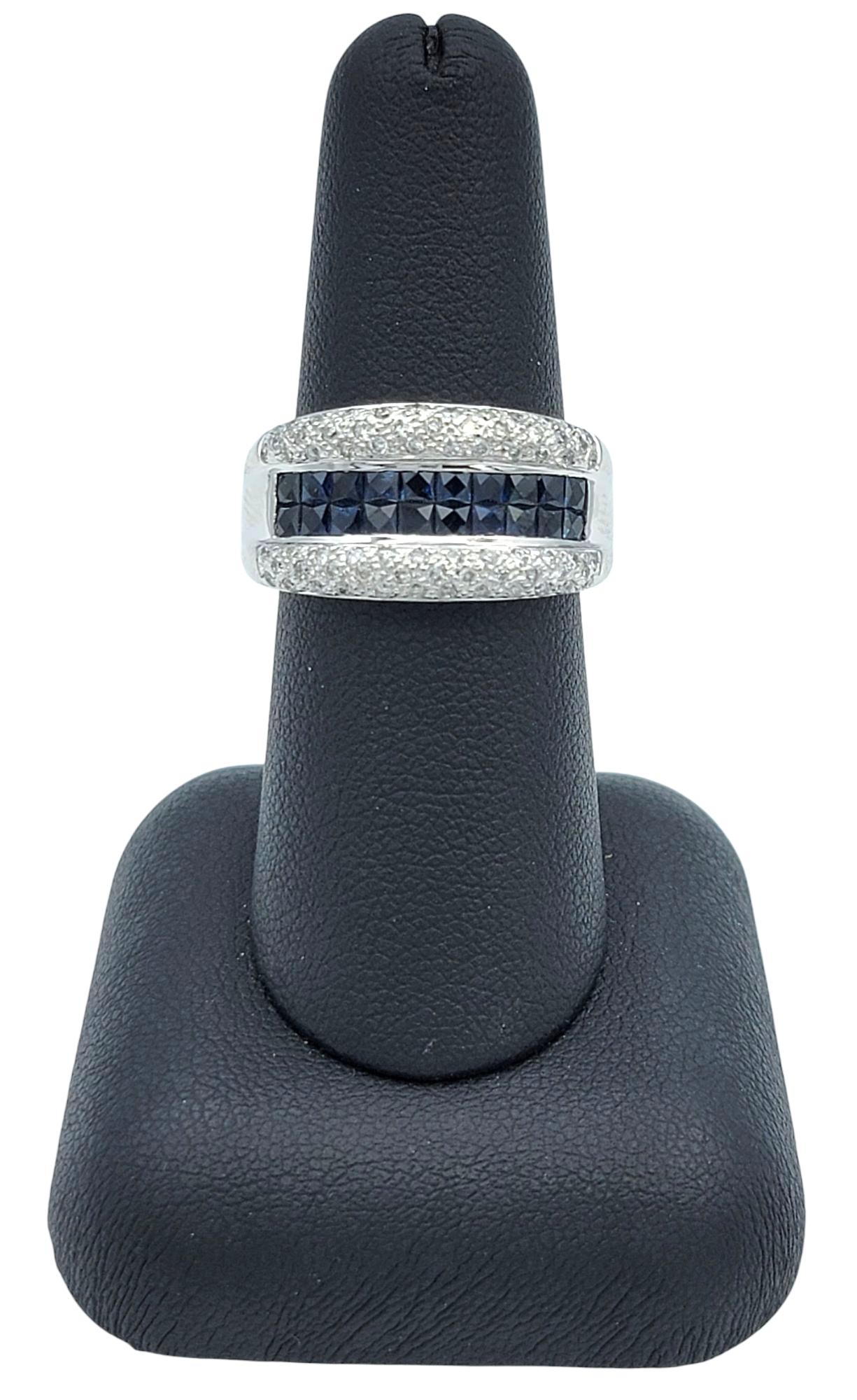 Princess Checkered Cut Blue Sapphire & Diamond Band Ring in 14 Karat White Gold For Sale 6
