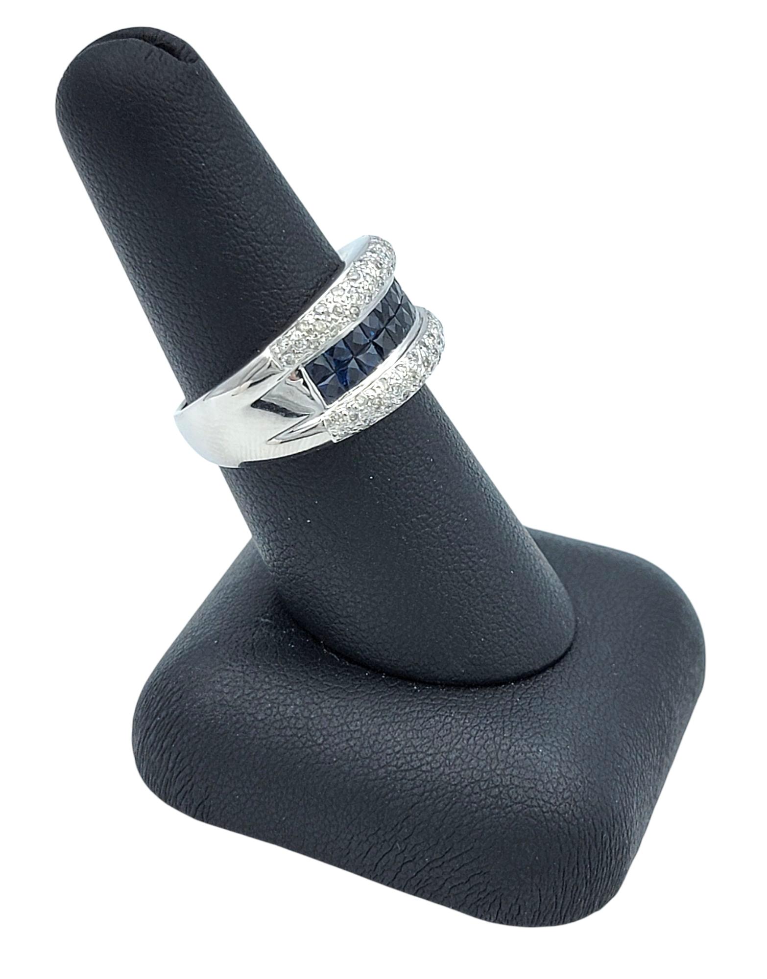 Princess Checkered Cut Blue Sapphire & Diamond Band Ring in 14 Karat White Gold For Sale 7