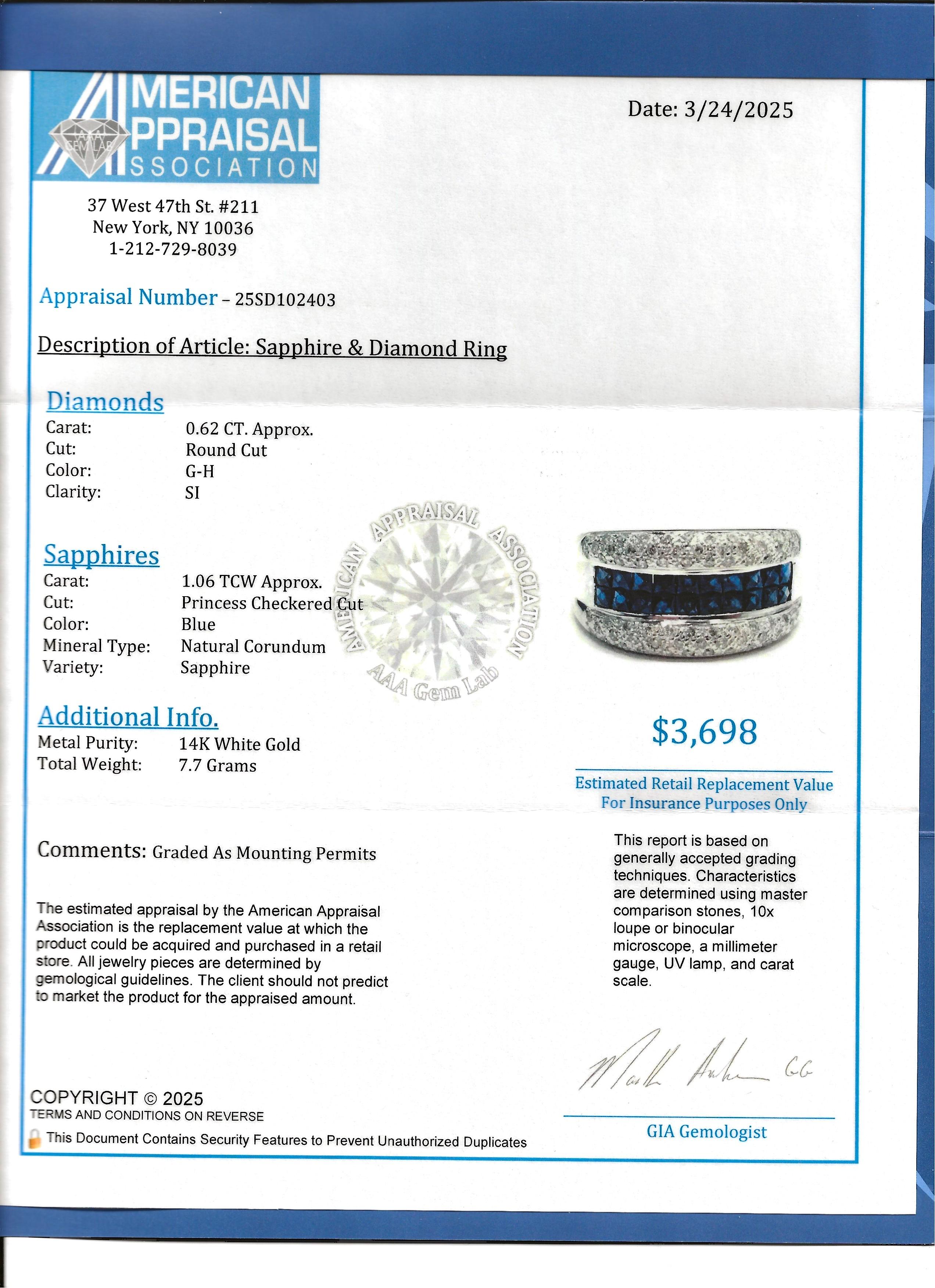 Princess Checkered Cut Blue Sapphire & Diamond Band Ring in 14 Karat White Gold For Sale 8