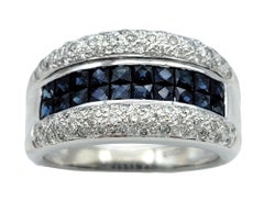 Princess Checkered Cut Blue Sapphire & Diamond Band Ring in 14 Karat White Gold
