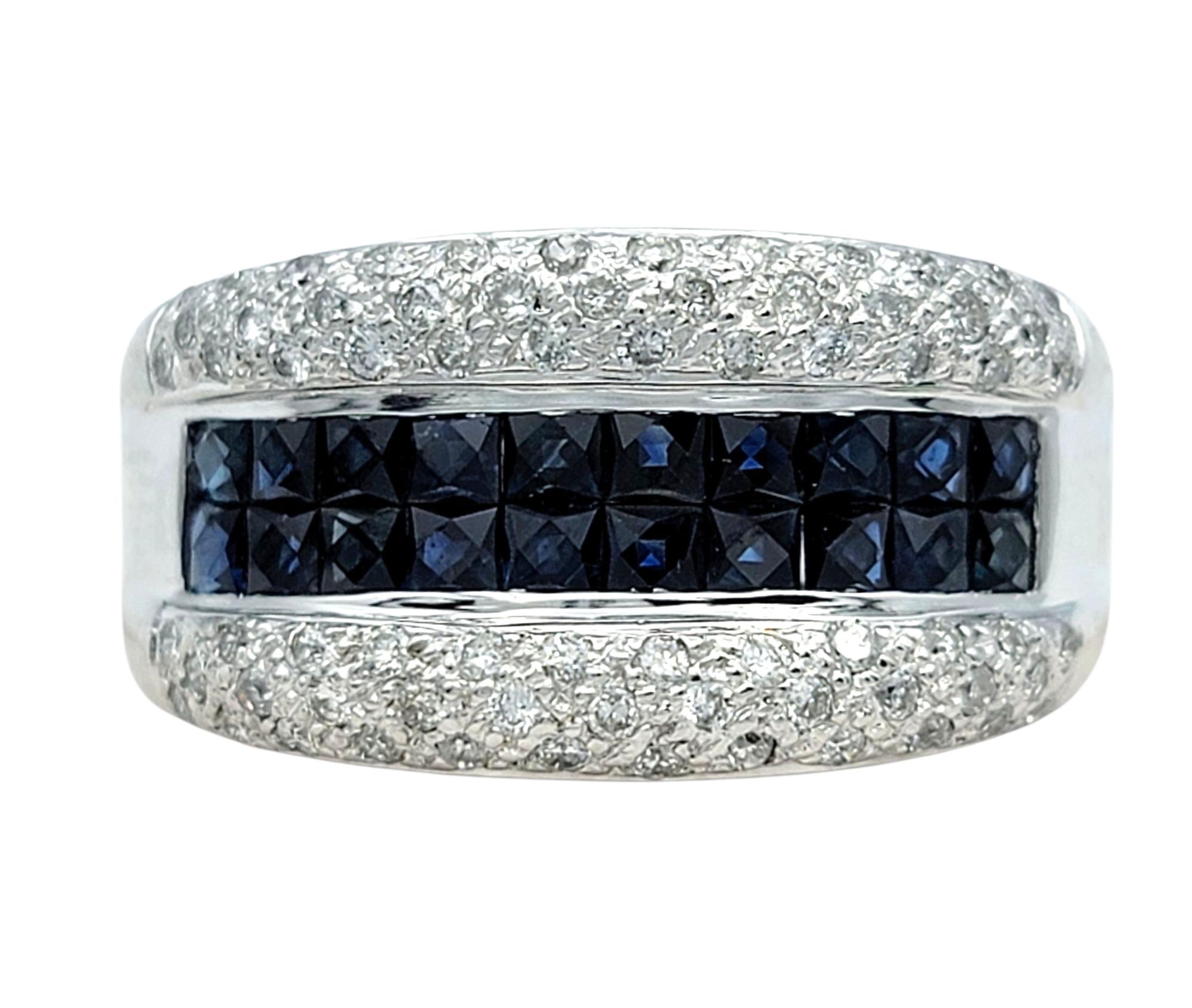 Princess Cut Princess Checkered Cut Blue Sapphire & Diamond Band Ring in 14 Karat White Gold For Sale