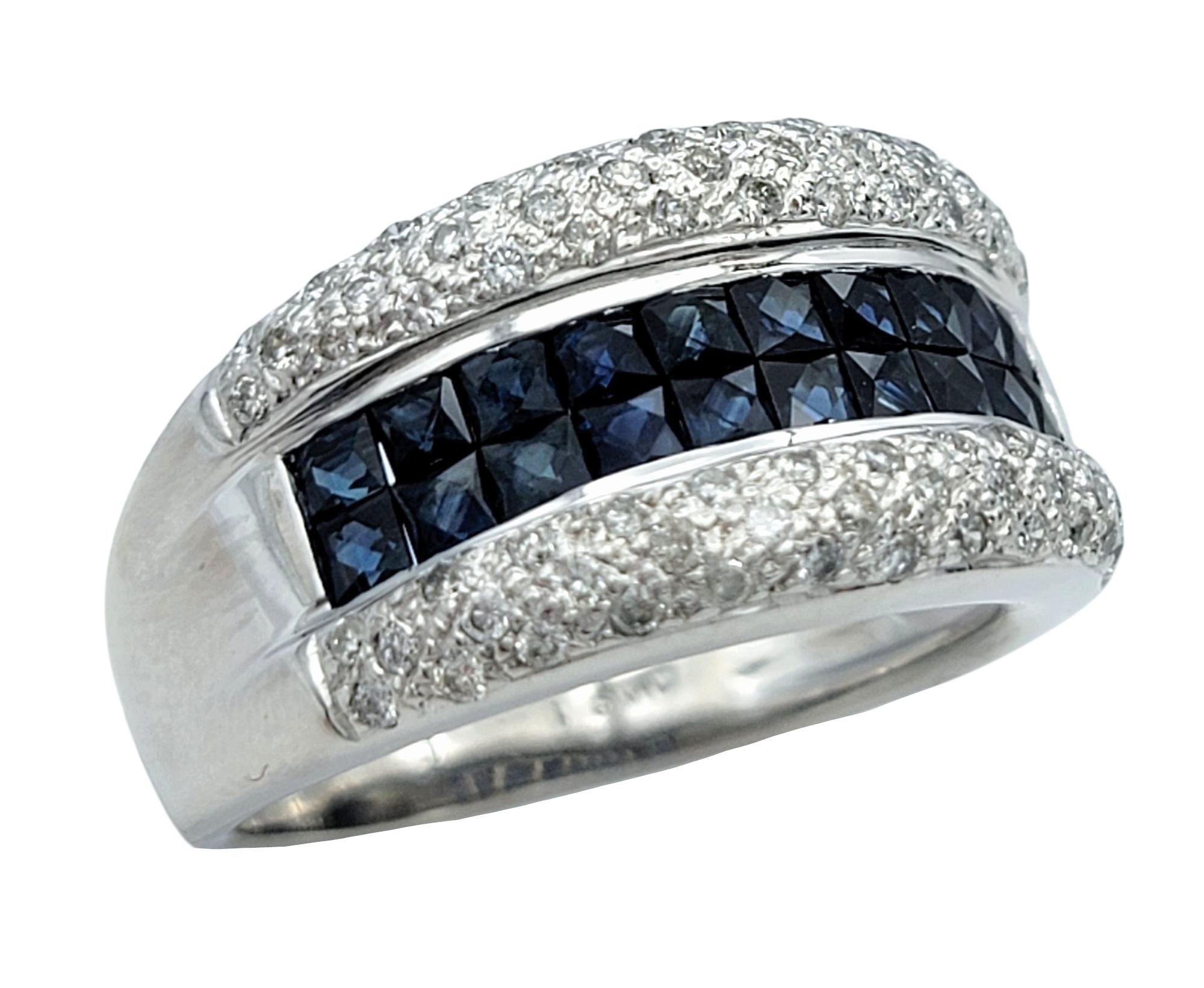 Princess Checkered Cut Blue Sapphire & Diamond Band Ring in 14 Karat White Gold In Good Condition For Sale In Scottsdale, AZ