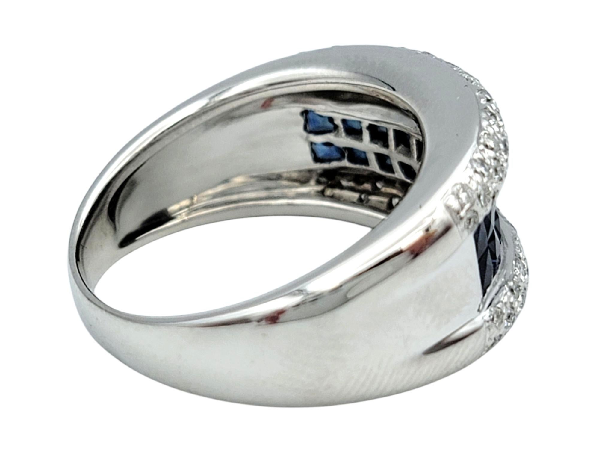 Princess Checkered Cut Blue Sapphire & Diamond Band Ring in 14 Karat White Gold For Sale 1
