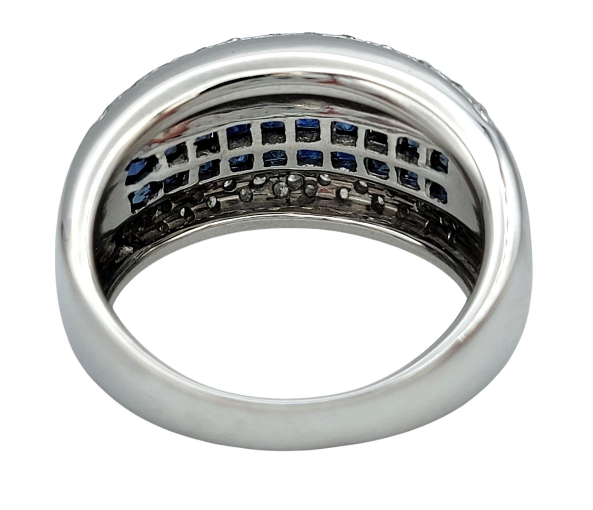 Princess Checkered Cut Blue Sapphire & Diamond Band Ring in 14 Karat White Gold For Sale 2