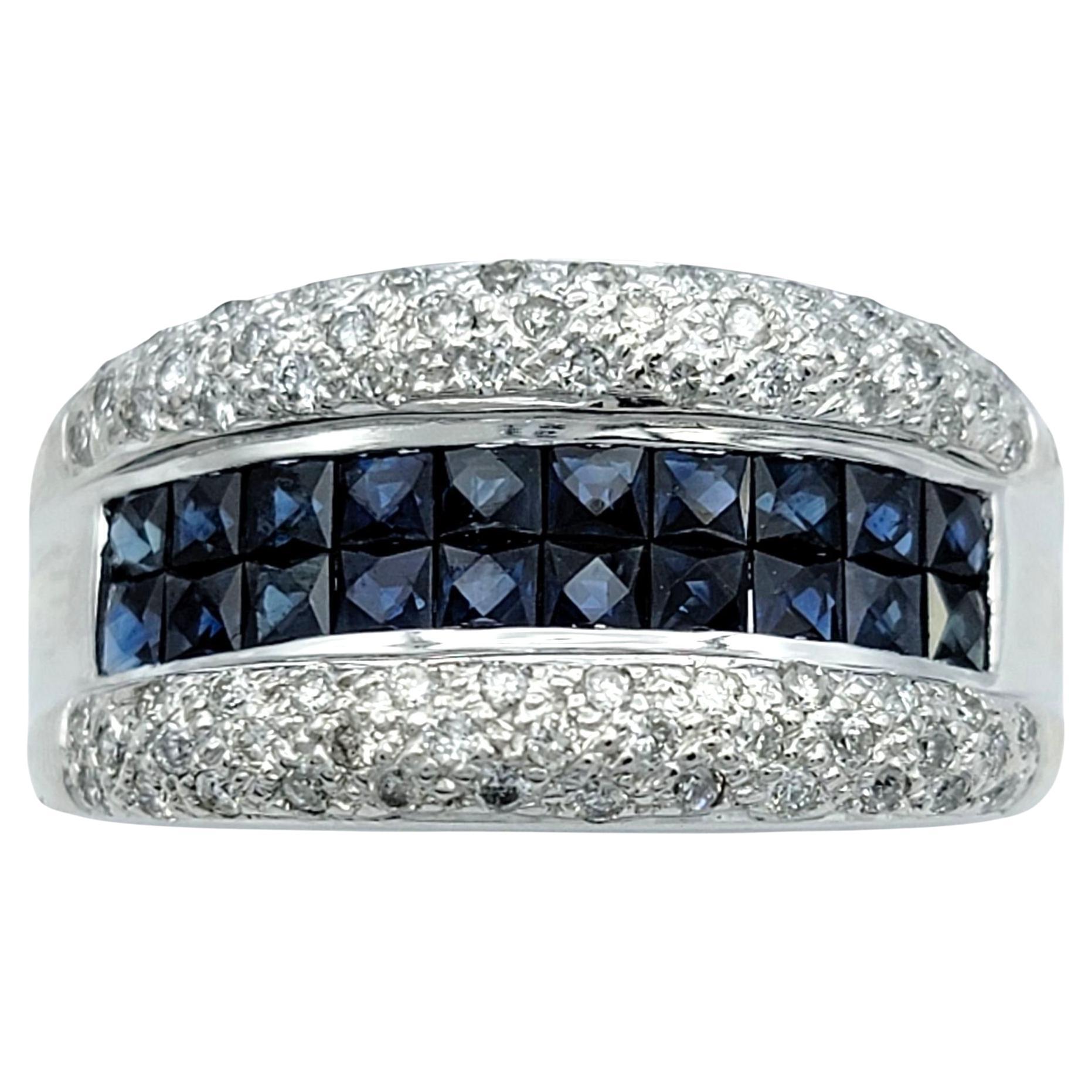 Princess Checkered Cut Blue Sapphire & Diamond Band Ring in 14 Karat White Gold