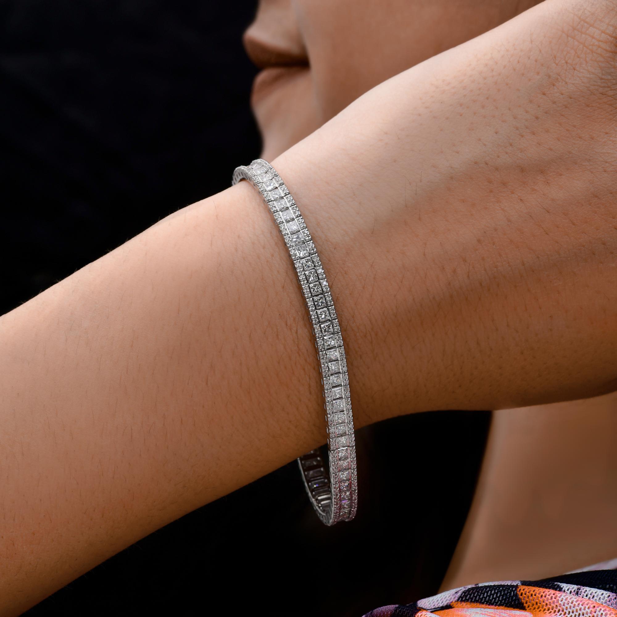 Prinzessinnenschliff 4,95Kt natürlicher Diamant Braut-Tennis-Armband 18k Weißgold 
Dieses Armband zeichnet sich durch eine schlanke, klassische Tennissilhouette aus, die durch zwei Reihen glänzender runder Diamanten im Brillant- und