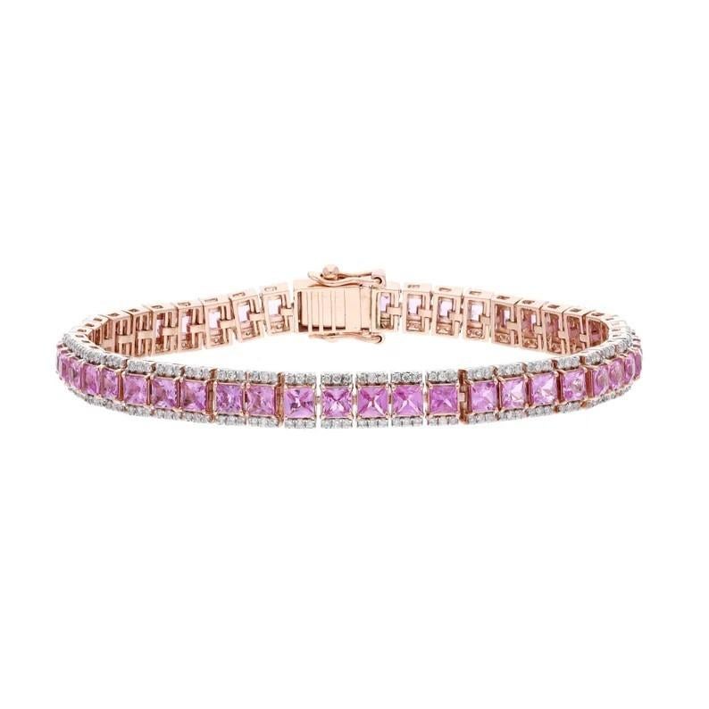 Princess Cut Princess cut 8.63 carat Pink Sapphire 18 Karat Rose Gold Diamond Tennis Bracelet For Sale