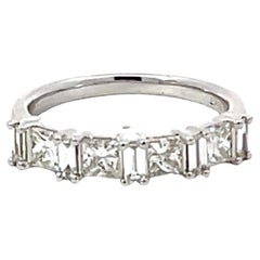 Retro Princess Cut and Baguette Diamond Alternating Band Ring Solid 18k White Gold