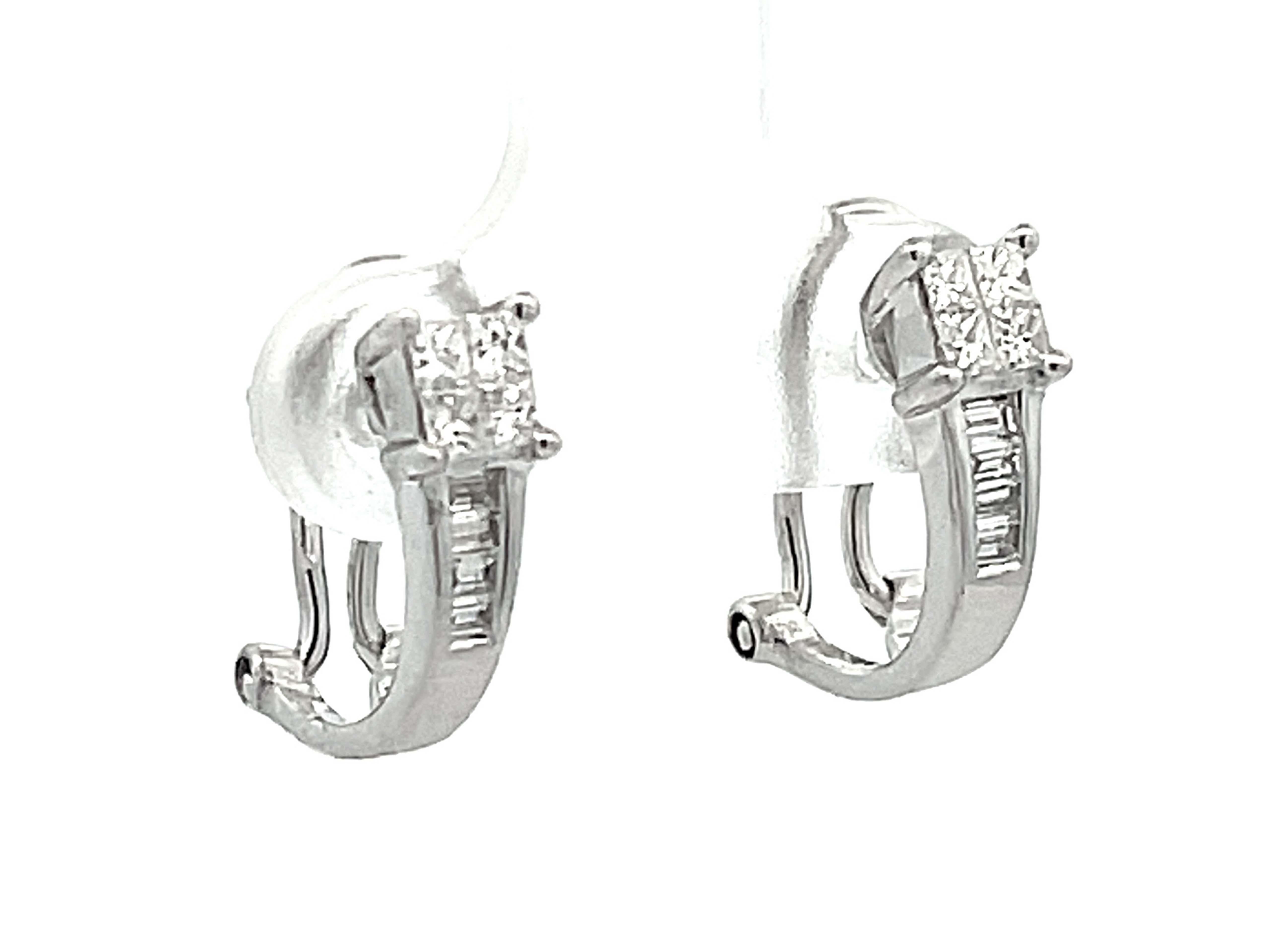 Modern Princess Cut and Baguette Diamond Huggie Earrings in 18k White Gold  For Sale