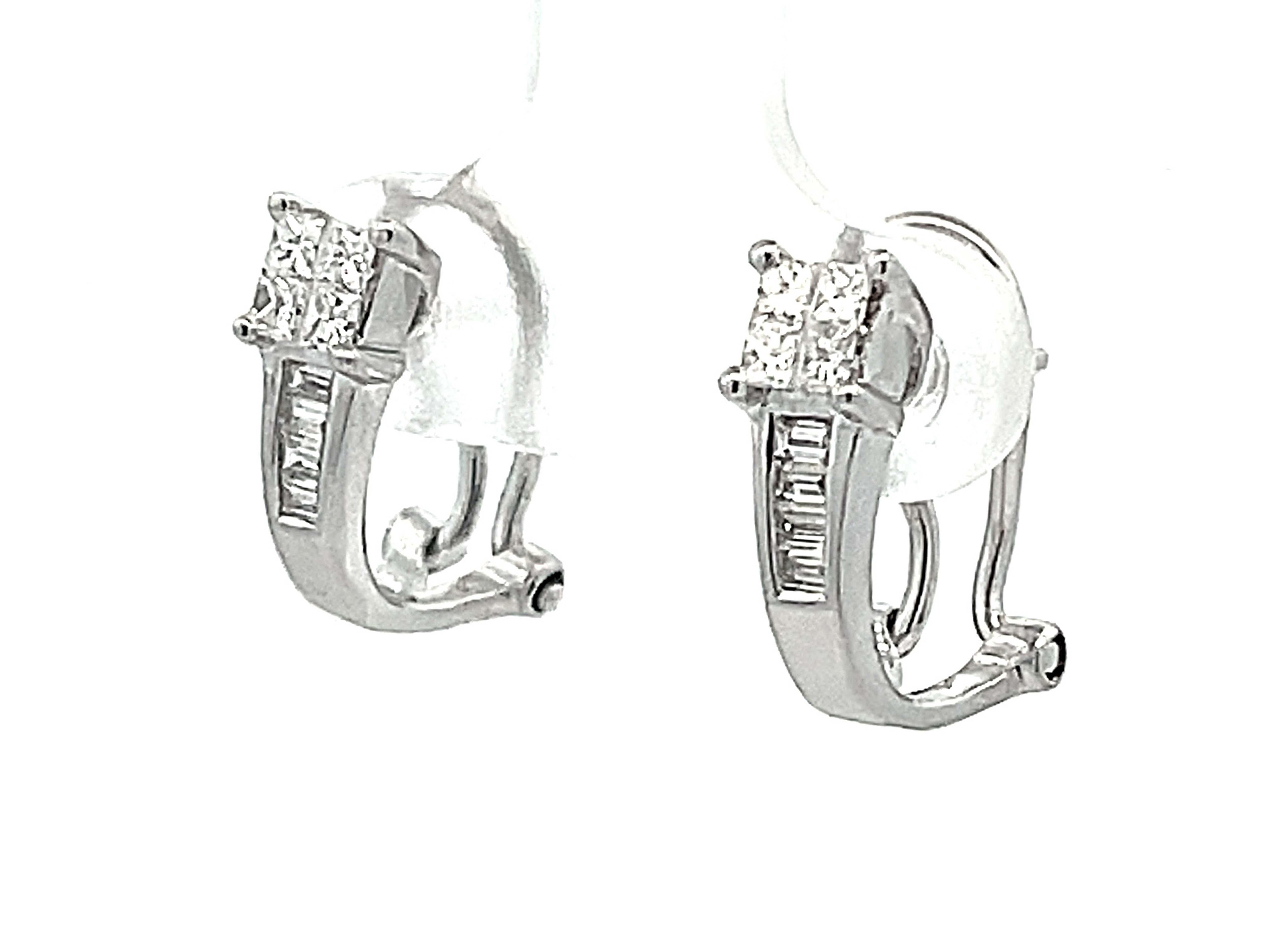 Princess Cut and Baguette Diamond Huggie Earrings in 18k White Gold  In Excellent Condition For Sale In Honolulu, HI