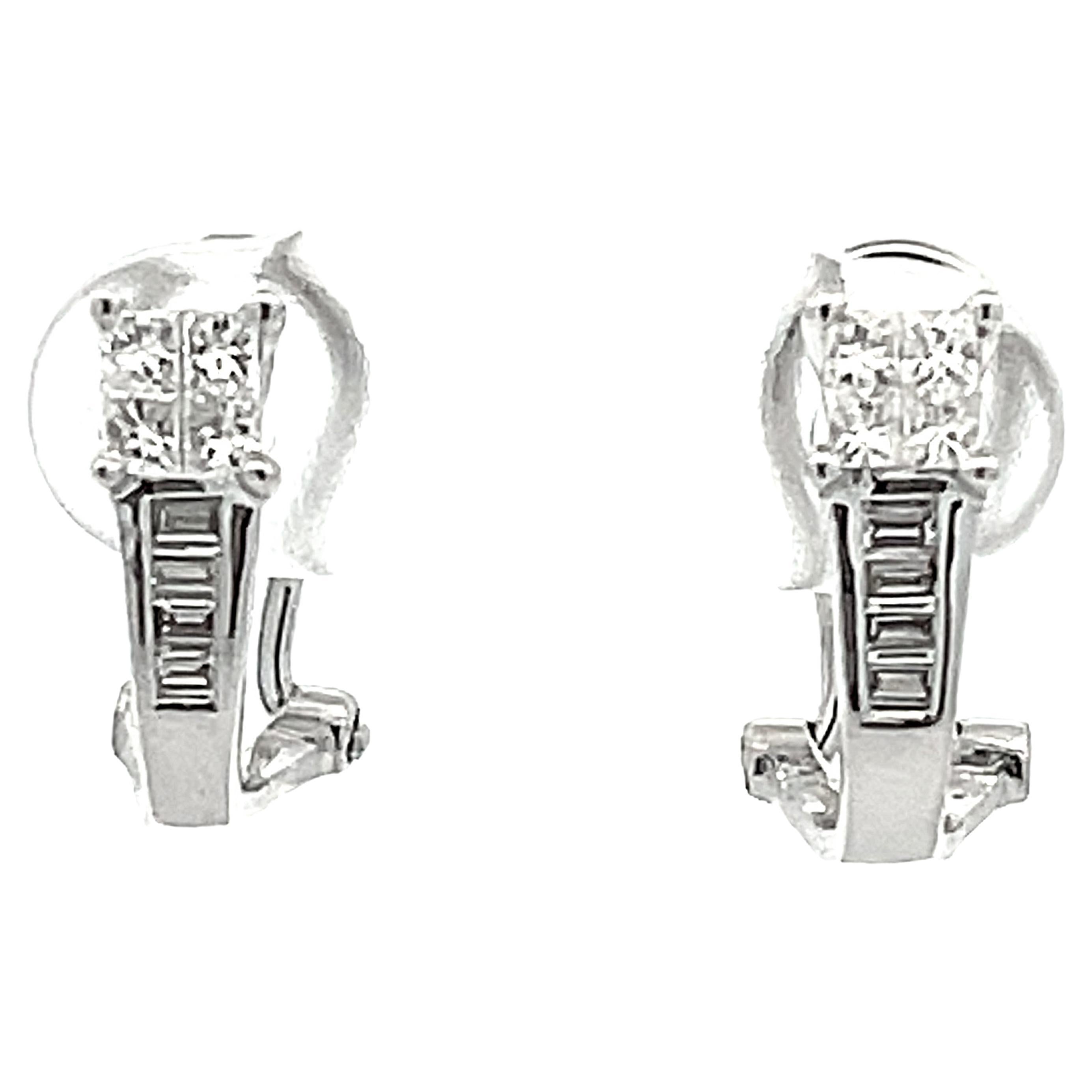 Princess Cut and Baguette Diamond Huggie Earrings in 18k White Gold  For Sale