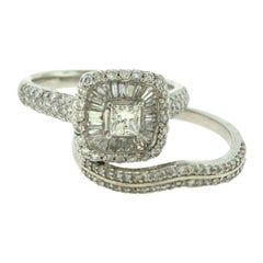 Princess Cut and Baguette Halo Round Diamond Gold 2-Piece Bridal Set Ring