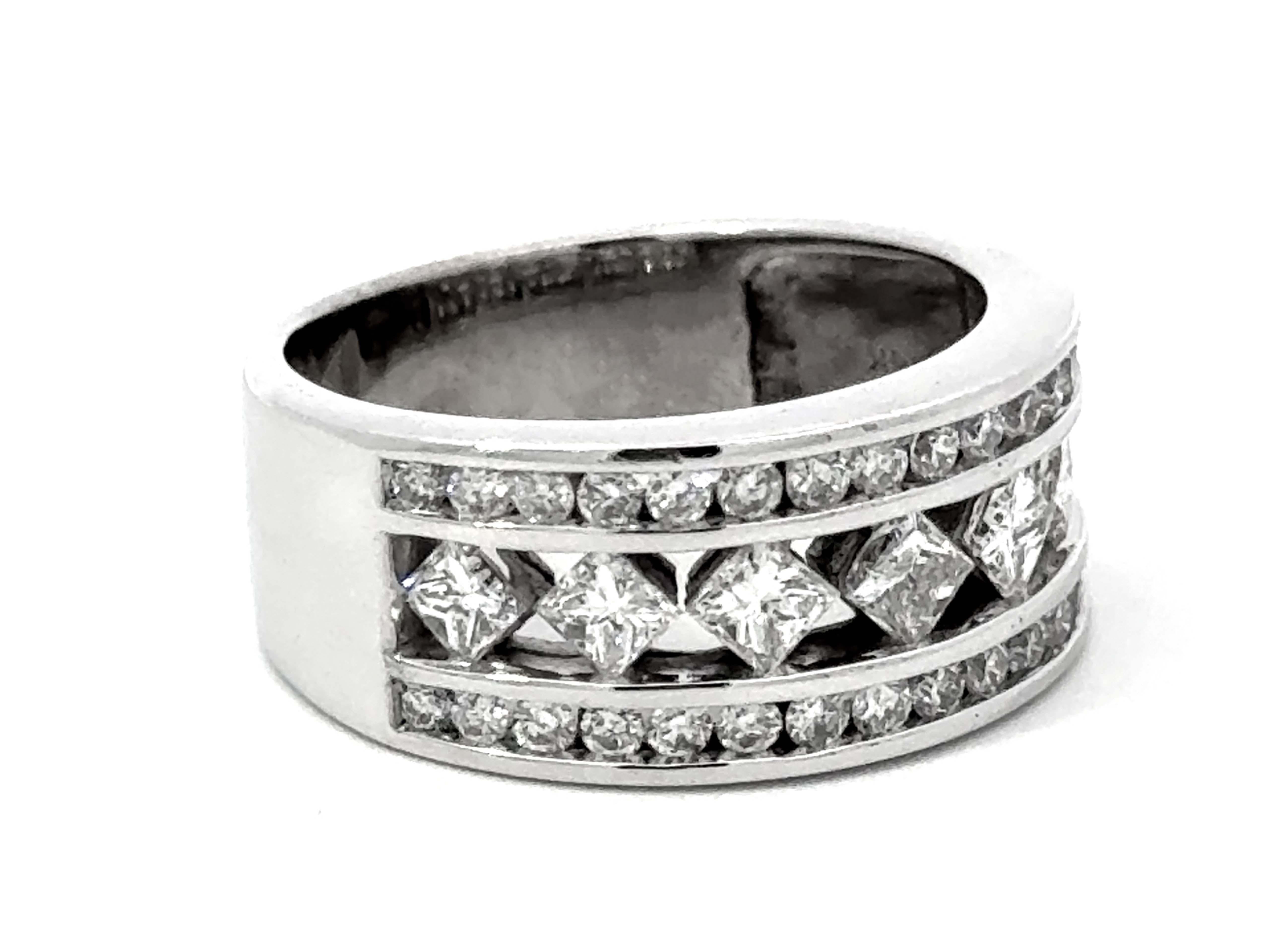 Modern Princess Cut and Brilliant Cut Wide Diamond Band Ring 14k White Gold For Sale