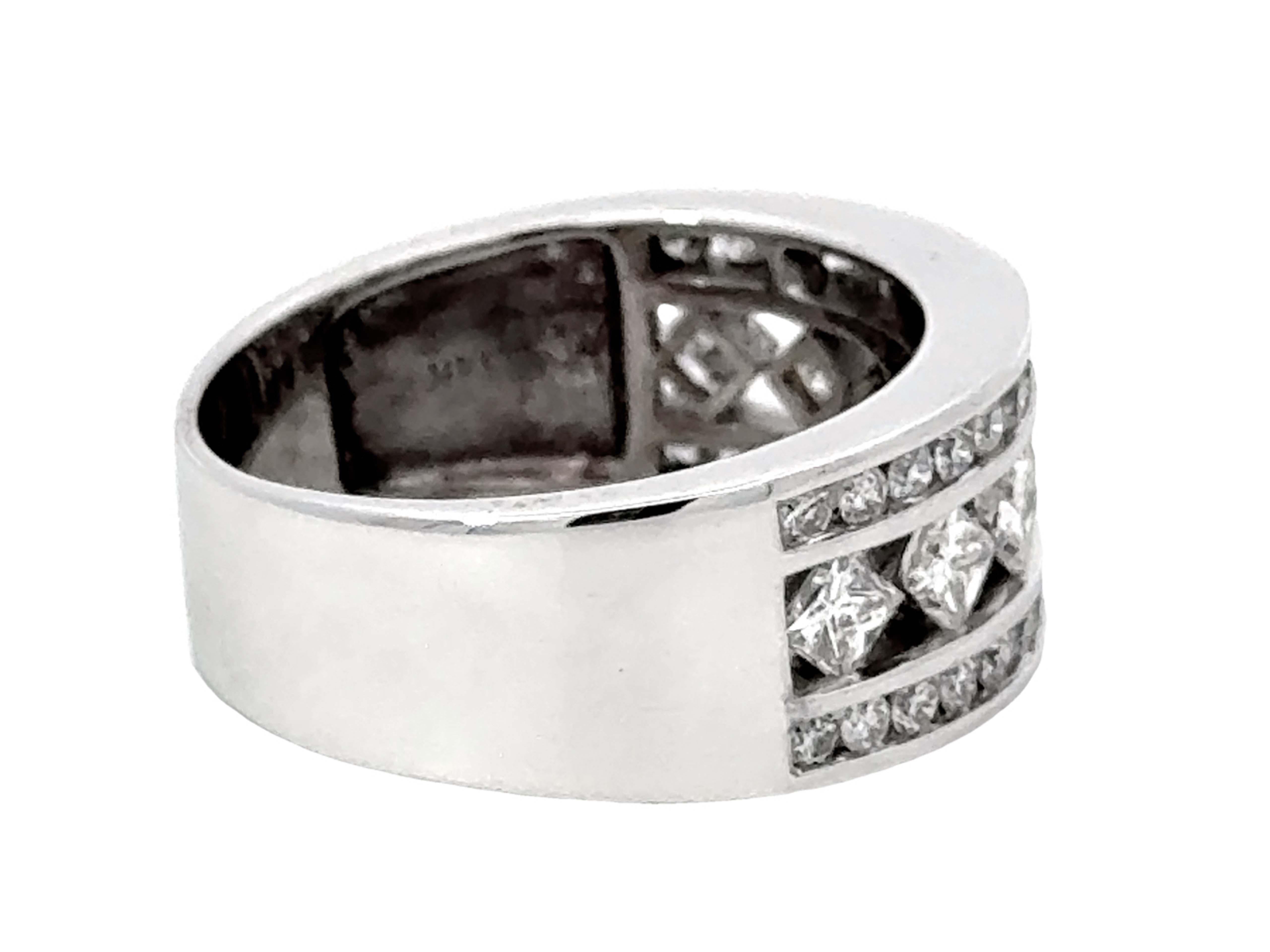 Women's or Men's Princess Cut and Brilliant Cut Wide Diamond Band Ring 14k White Gold For Sale