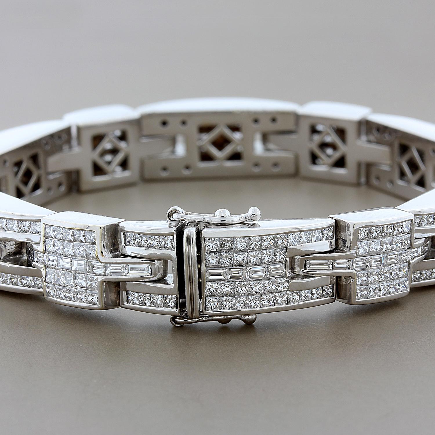 Women's or Men's Princess Cut and Emerald Cut Diamond Gold Link Bracelet