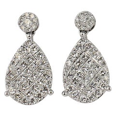 Princess Cut and Round Brilliant Cut Diamond Earrings set in 14 Karat White Gold