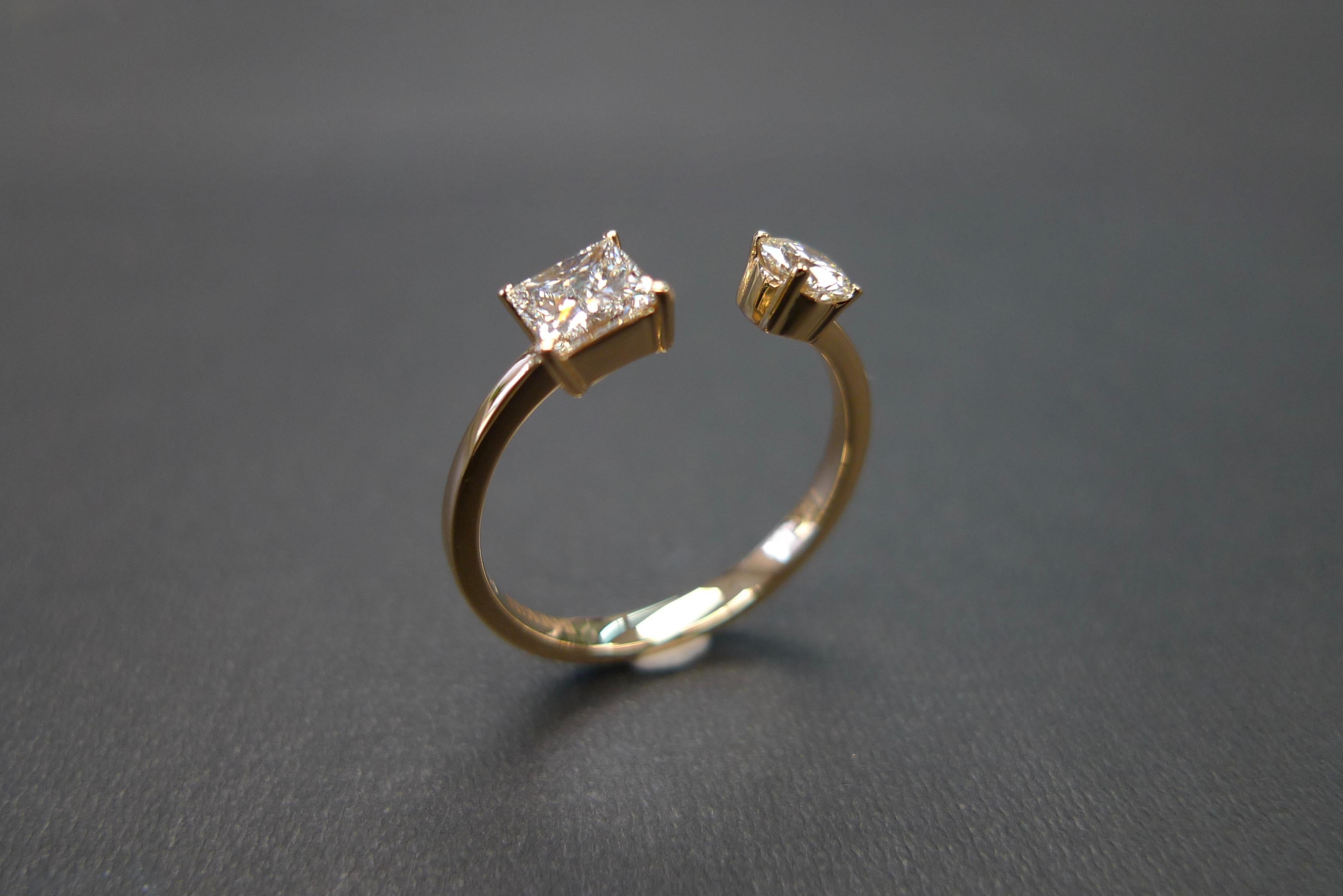 For Sale:  Princess Cut and Round Cut Diamond Open Engagement Mixed Cuff Minimalist Ring 10
