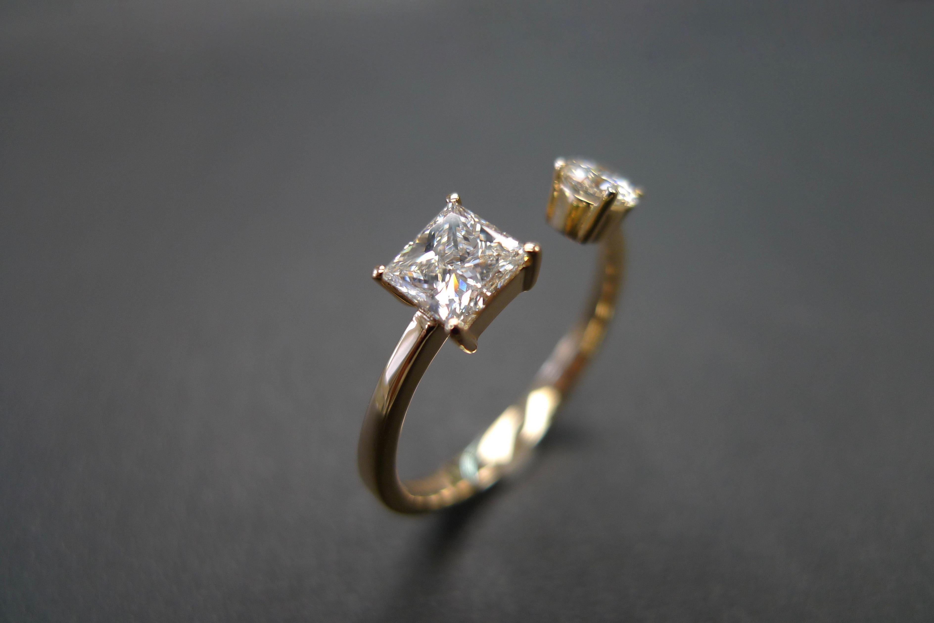For Sale:  Princess Cut and Round Cut Diamond Open Engagement Mixed Cuff Minimalist Ring 3