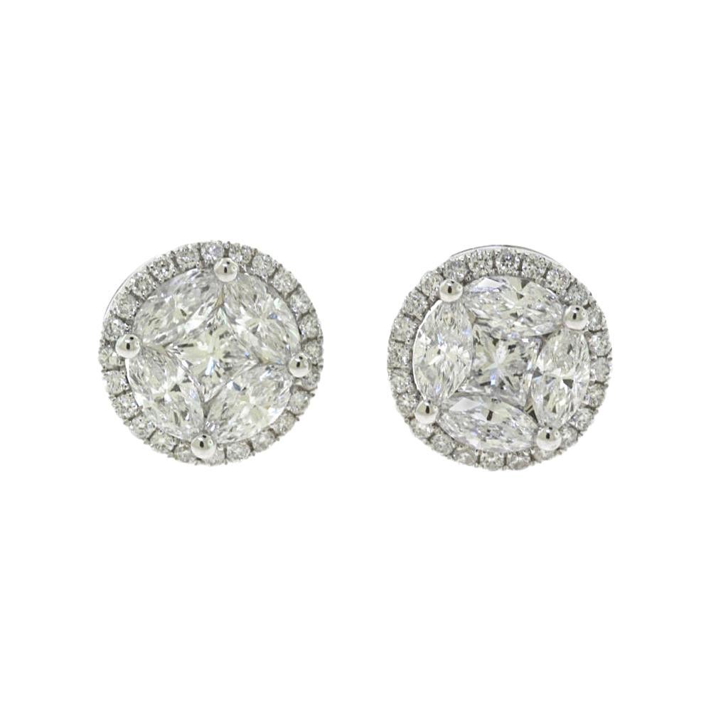 Princess Cut and Round Diamond Halo Gold Studs