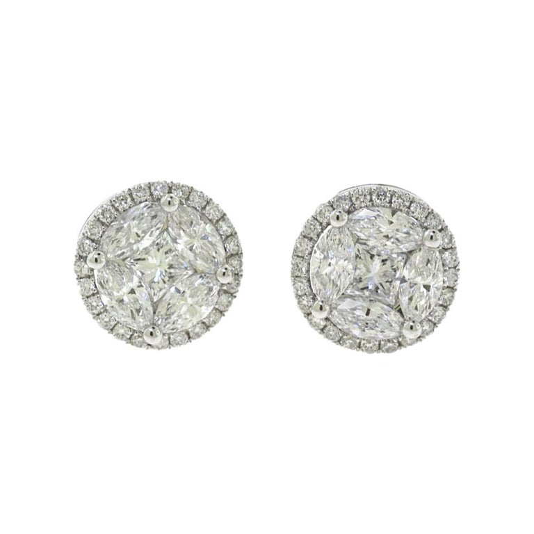 Princess Cut and Round Diamond Halo Gold Studs For Sale at 1stDibs