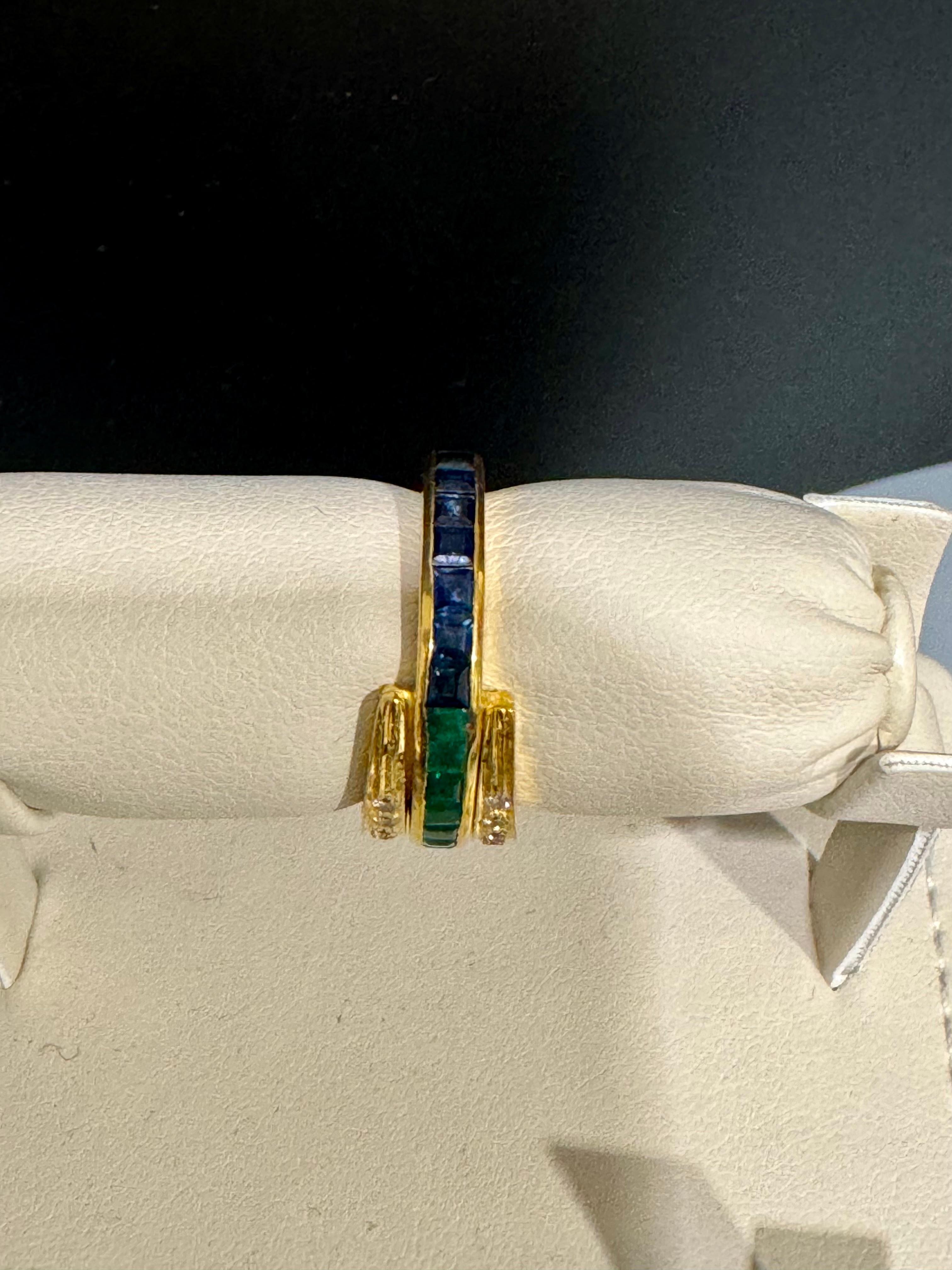 Princess Cut Band 1/2 Emerald 1/2 Sapphire & Diamond Yellow Gold Ring/Band Size7 For Sale 2
