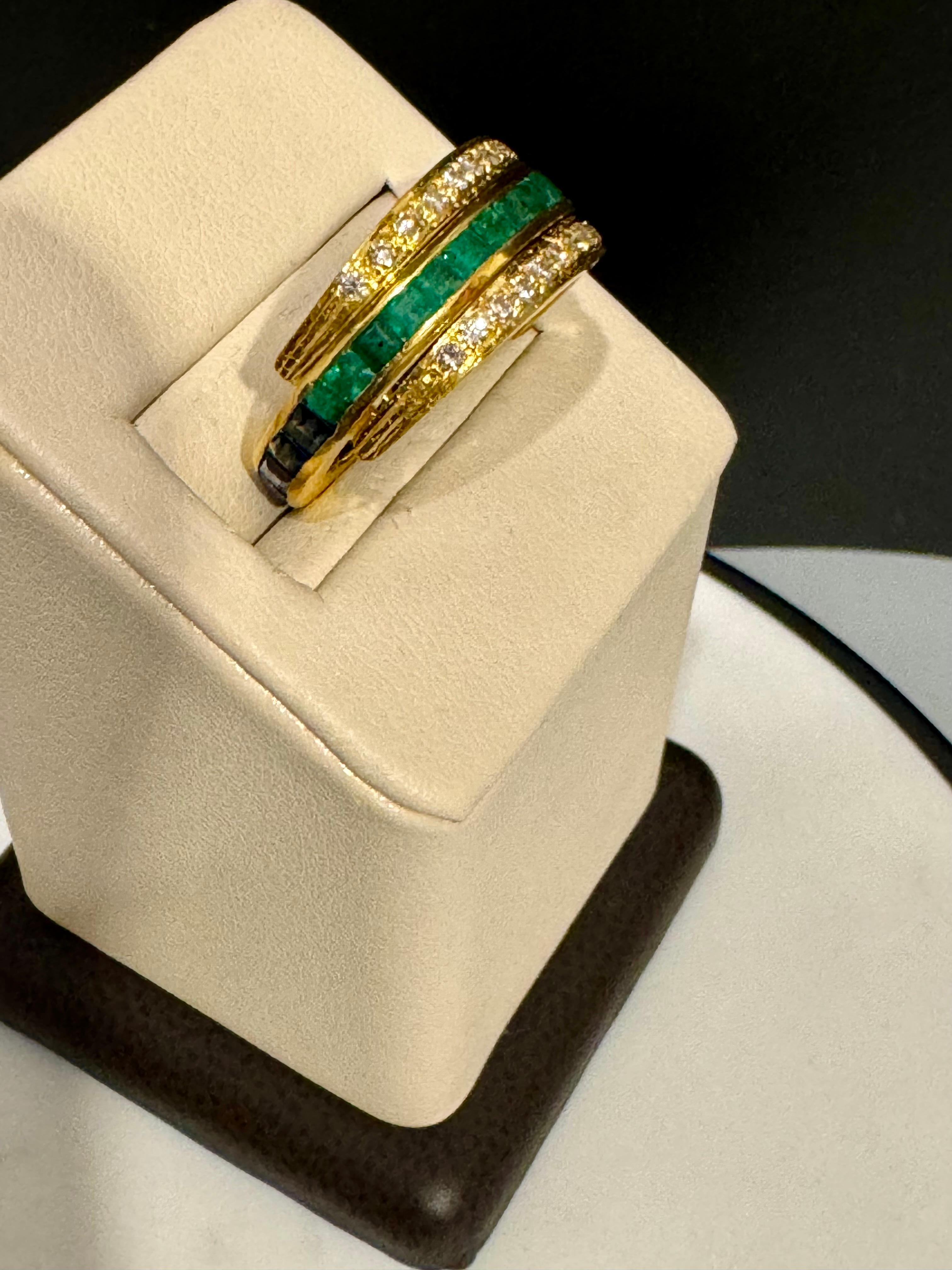 Princess Cut Band 1/2 Emerald 1/2 Sapphire & Diamond Yellow Gold Ring/Band Size7 For Sale 4