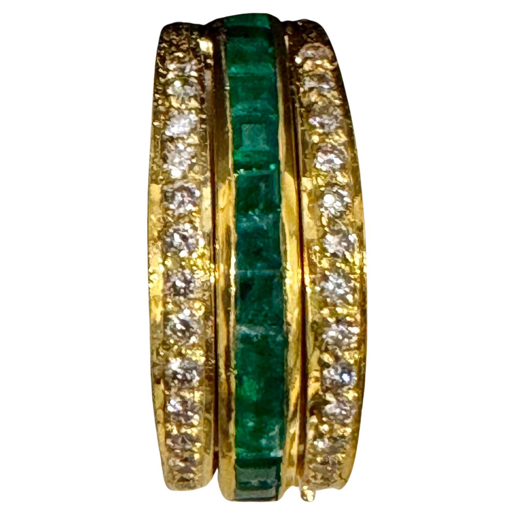 Princess Cut Band 1/2 Emerald 1/2 Sapphire & Diamond Yellow Gold Ring/Band Size7 For Sale