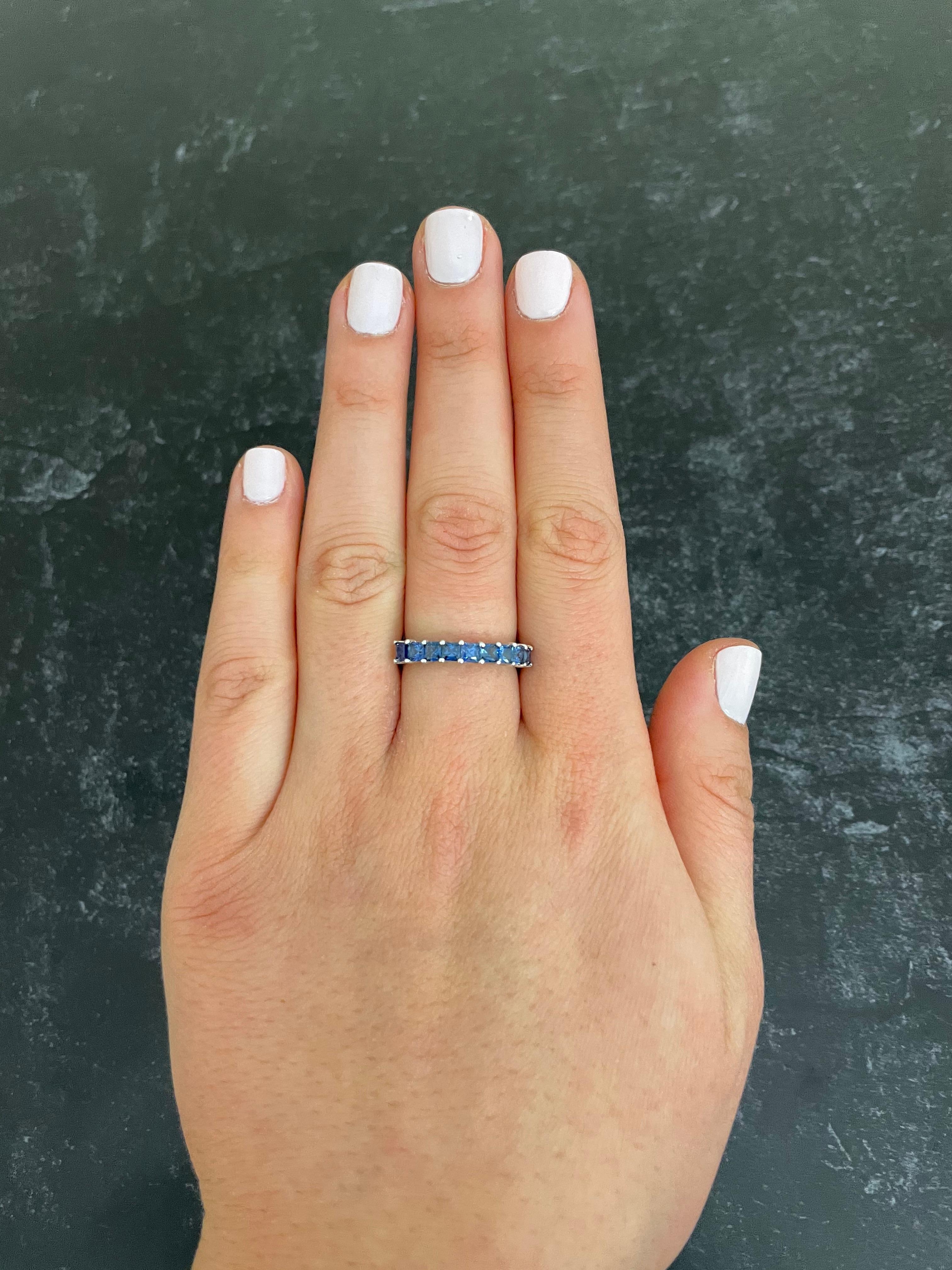 Women's Princess Cut Blue Sapphire 14 Karat White Gold Fashion Band Ring For Sale