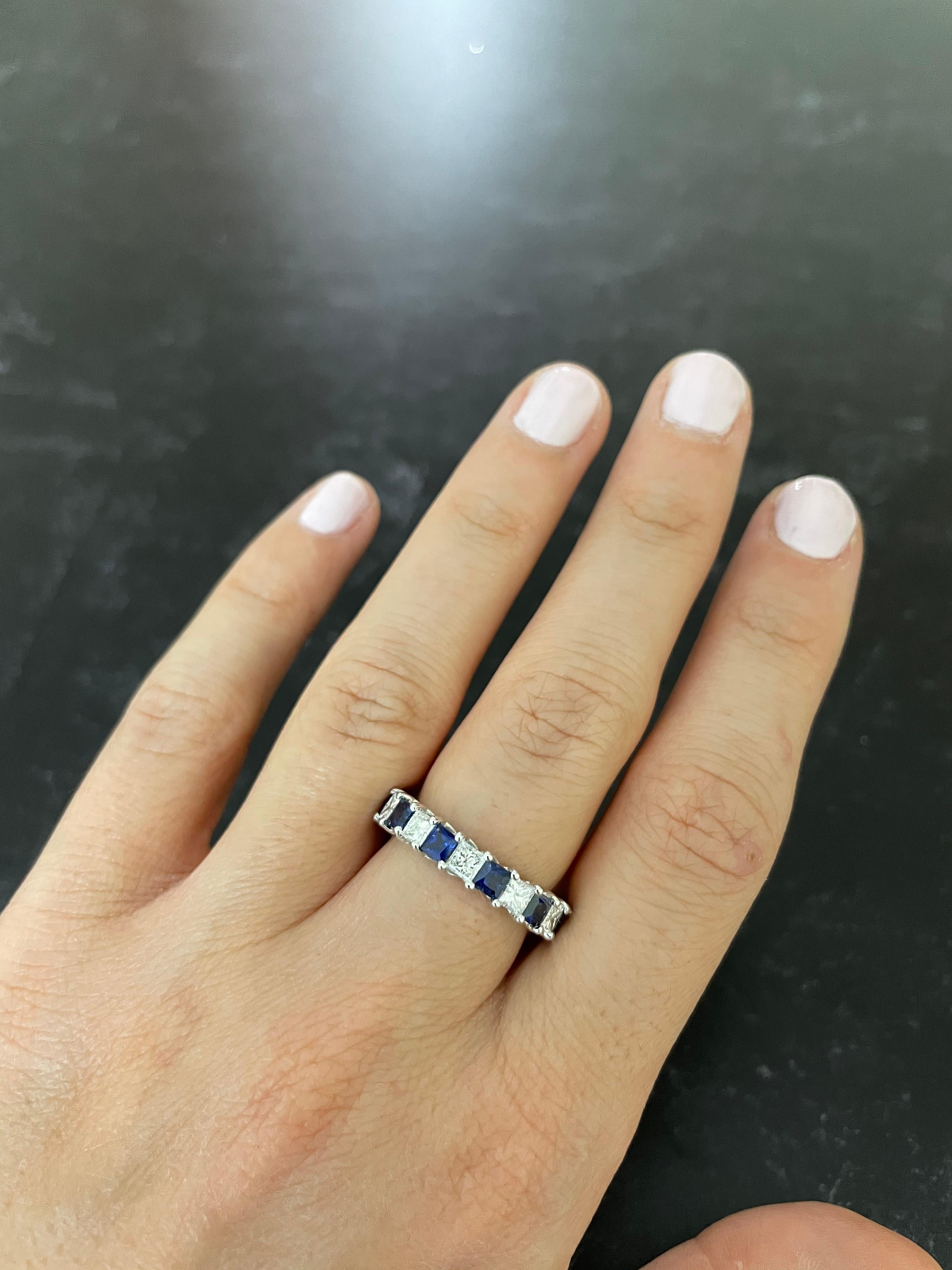 Metal: 18K White Gold
Center Stone: 11 Princess Cut Sapphires at 2.13 ct
Diamond Details: 11 Princess Cut White Diamonds at 1.64 Carats- Clarity: VS / Color H
Ring size: 5

Undeniably rare, colorfully bright, and promised to last a lifetime,