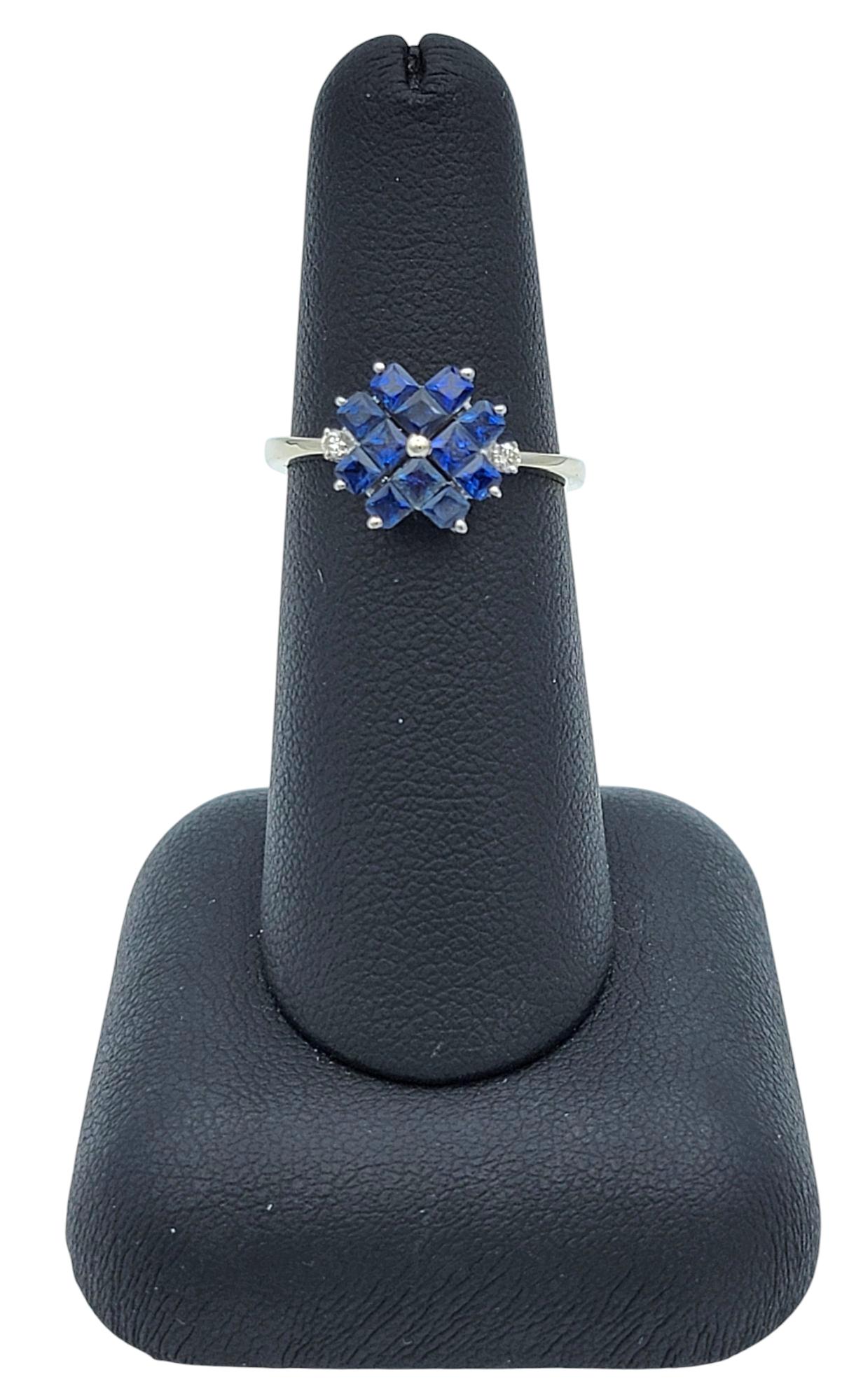 Princess Cut Blue Sapphire and Diamond Flower Motif Ring in 14 Karat White Gold For Sale 5