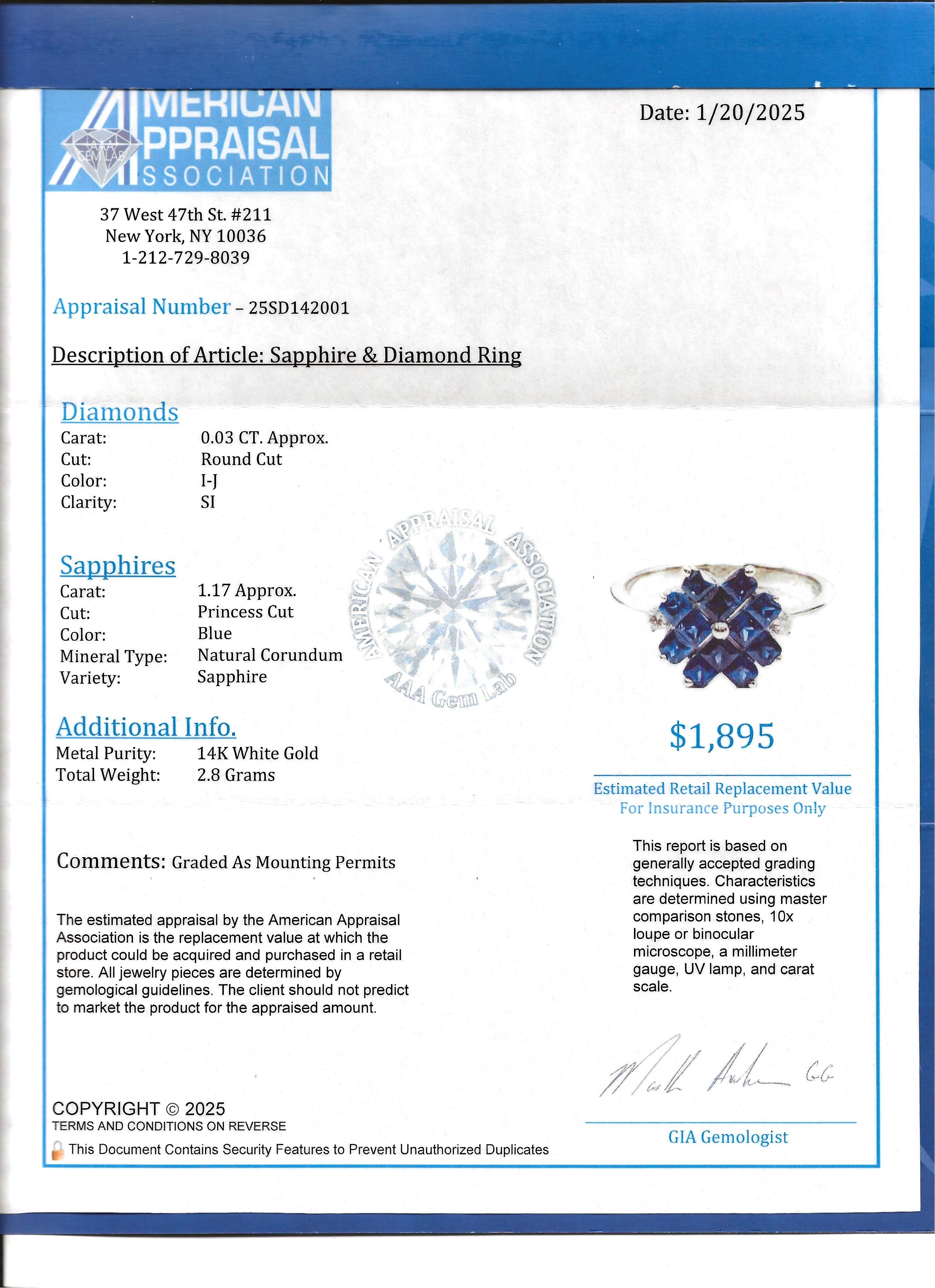 Princess Cut Blue Sapphire and Diamond Flower Motif Ring in 14 Karat White Gold For Sale 7