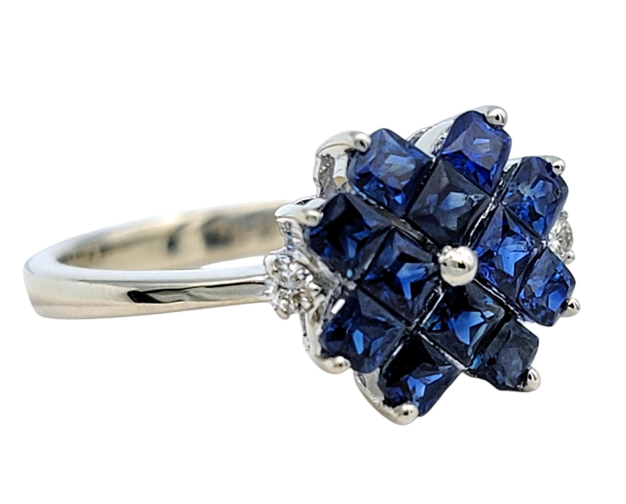Contemporary Princess Cut Blue Sapphire and Diamond Flower Motif Ring in 14 Karat White Gold For Sale