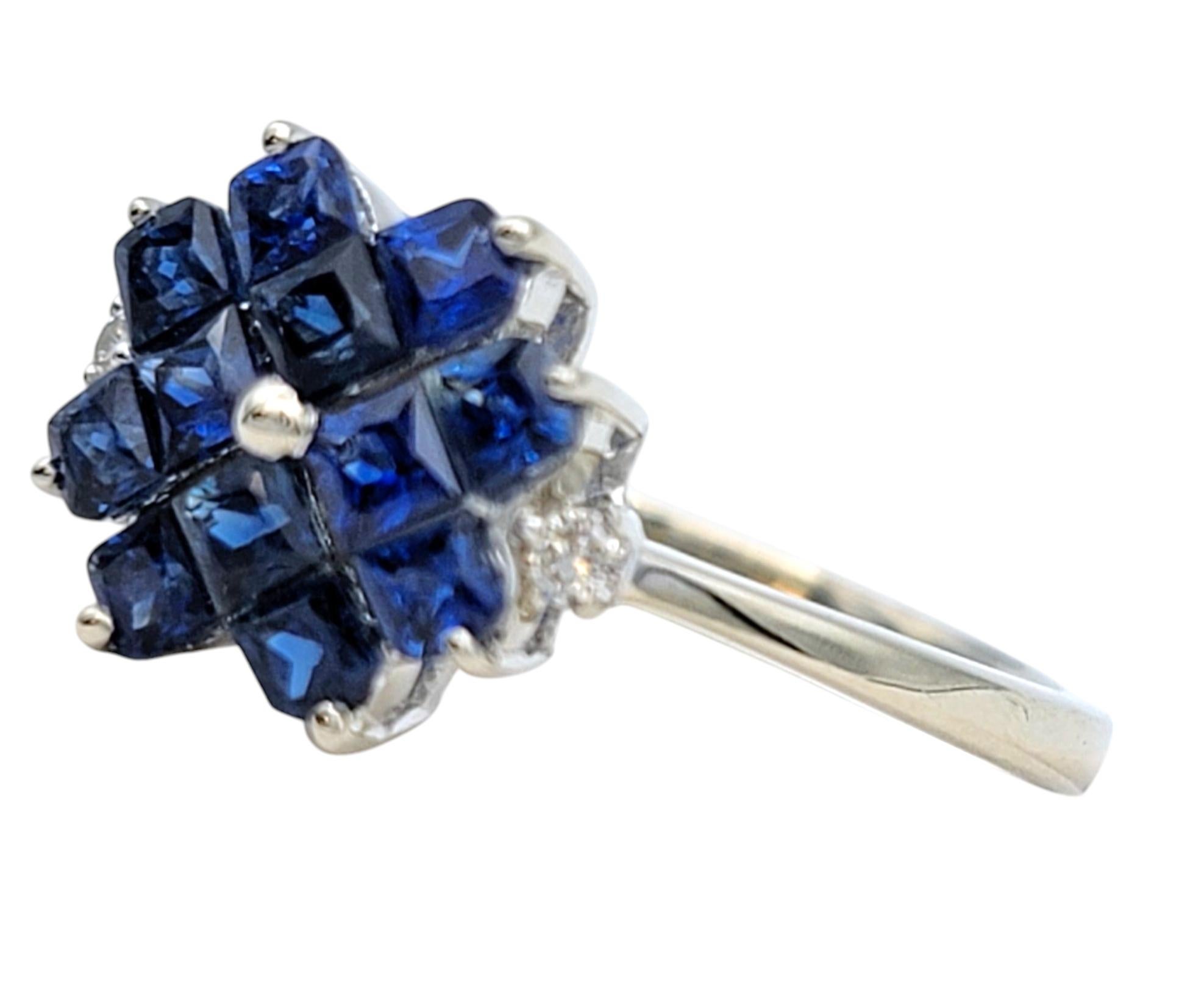 Princess Cut Blue Sapphire and Diamond Flower Motif Ring in 14 Karat White Gold In Good Condition For Sale In Scottsdale, AZ