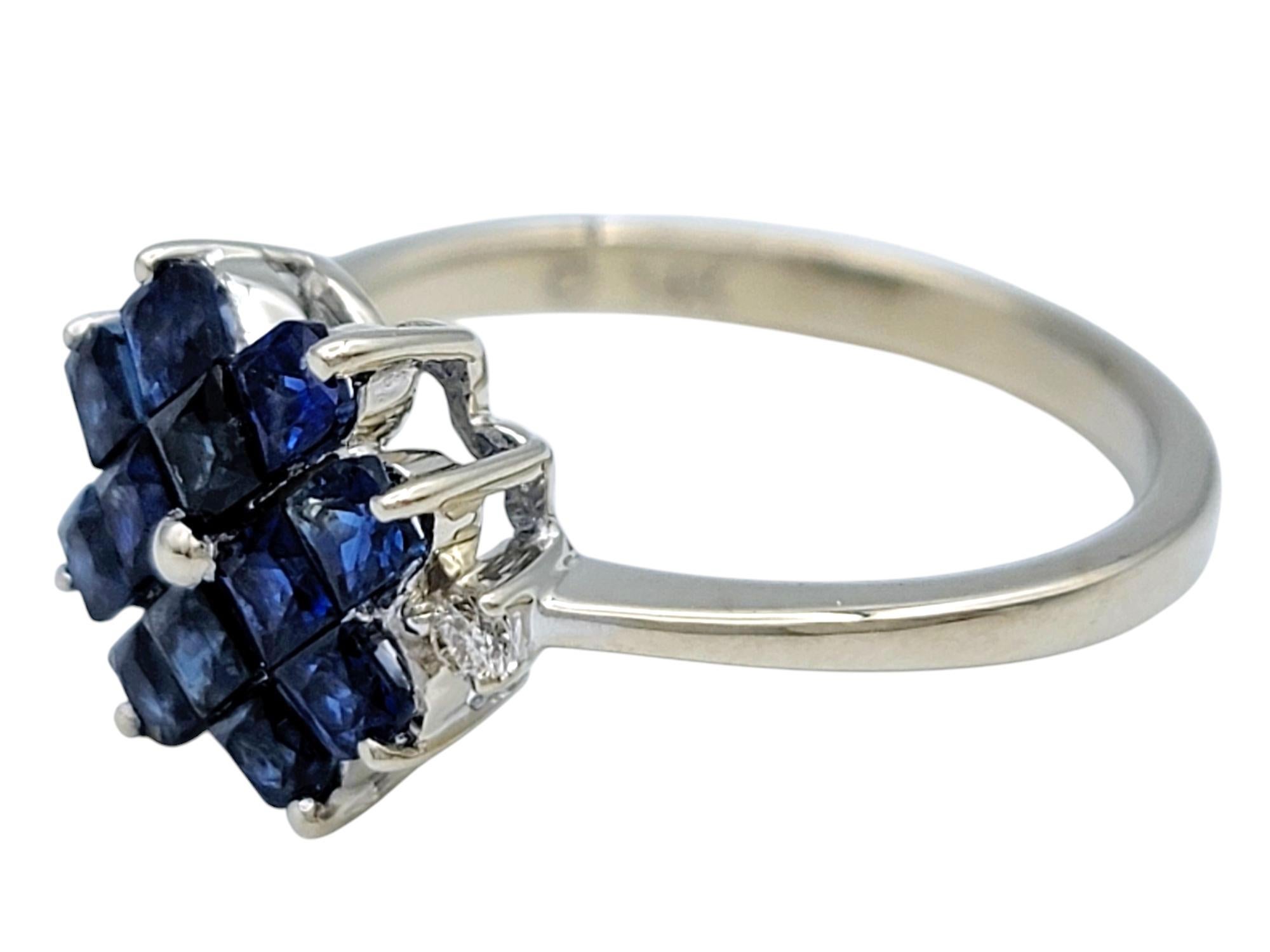 Women's Princess Cut Blue Sapphire and Diamond Flower Motif Ring in 14 Karat White Gold For Sale