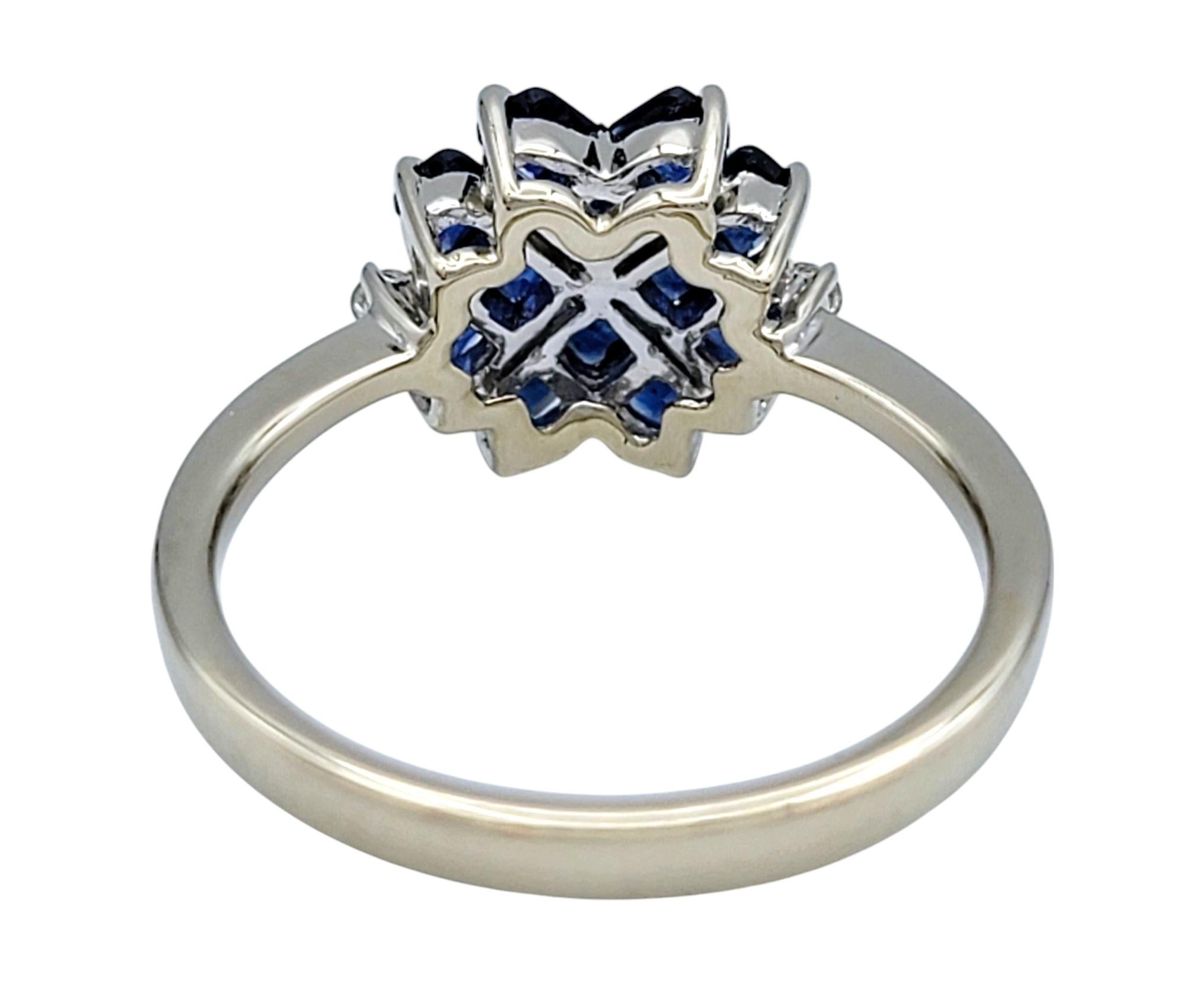 Princess Cut Blue Sapphire and Diamond Flower Motif Ring in 14 Karat White Gold For Sale 1