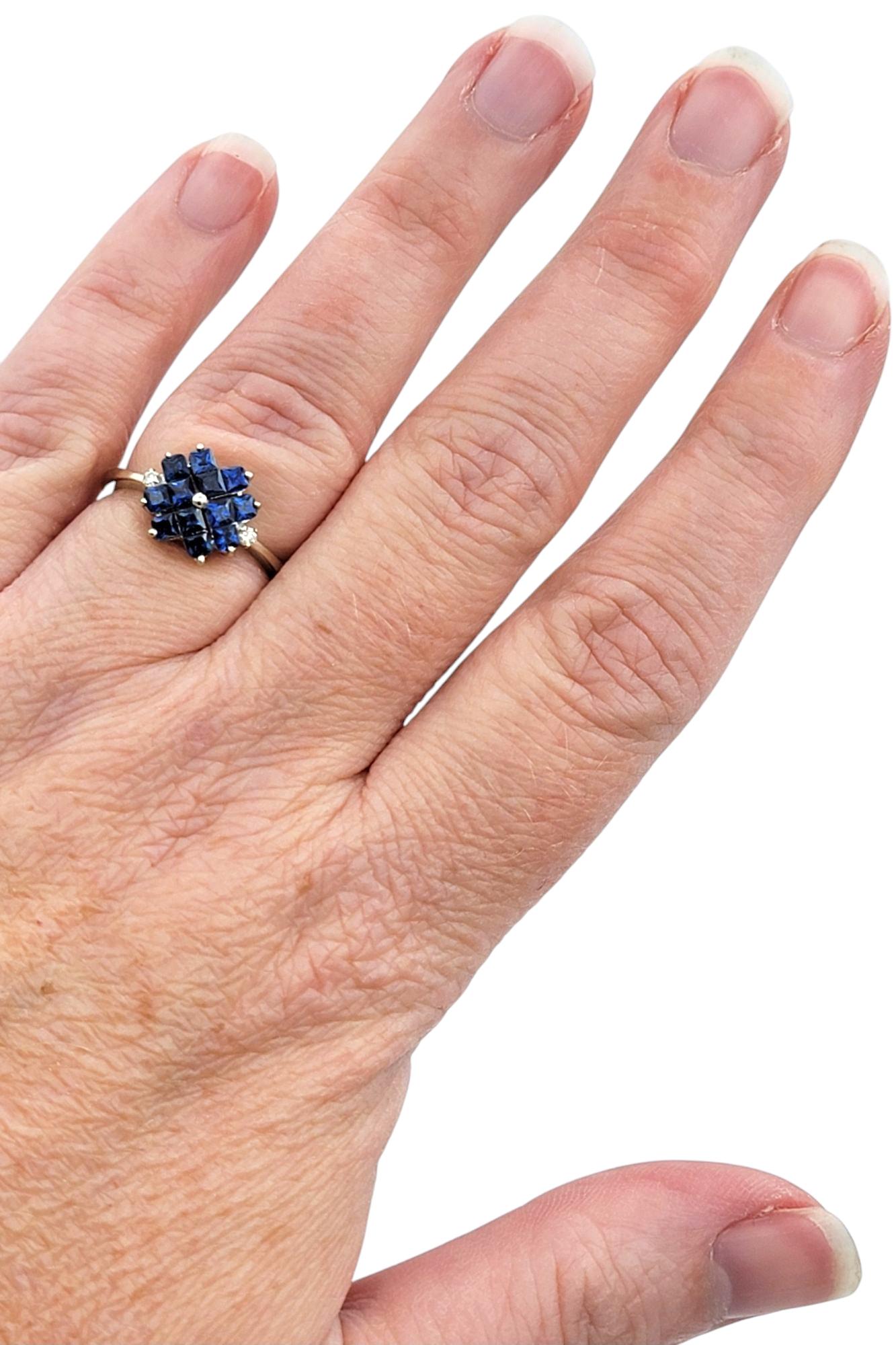Princess Cut Blue Sapphire and Diamond Flower Motif Ring in 14 Karat White Gold For Sale 3