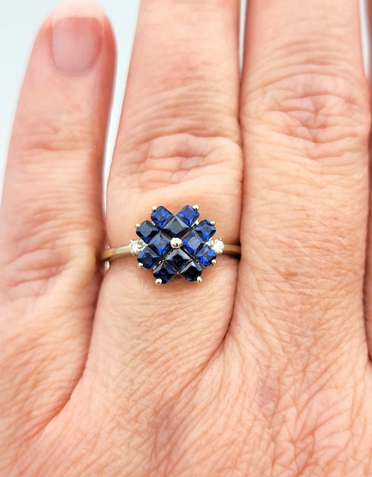 Princess Cut Blue Sapphire and Diamond Flower Motif Ring in 14 Karat White Gold For Sale 4