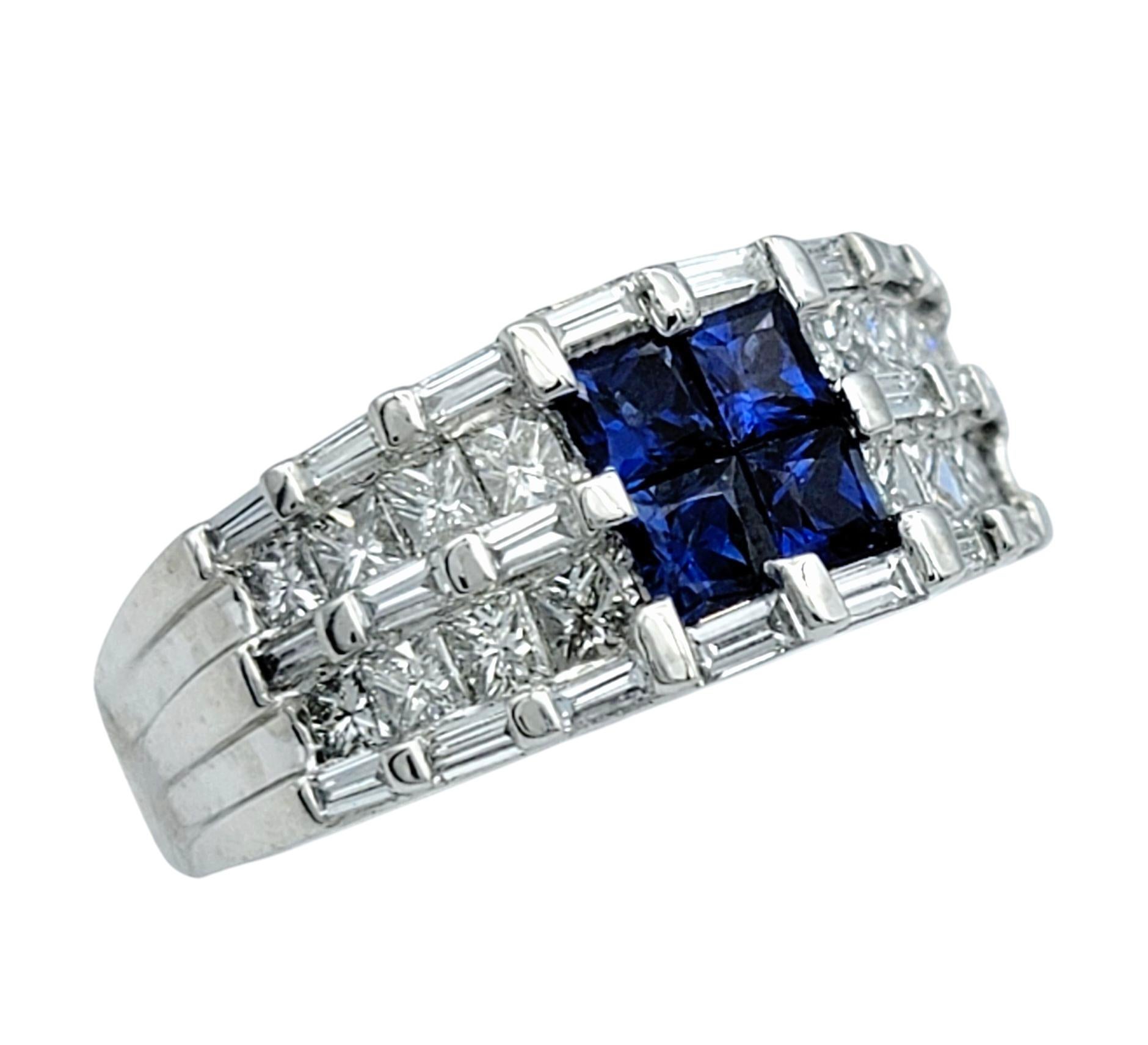 Contemporary Princess Cut Blue Sapphire and Diamond Multi Row Tapered Band Ring in Platinum For Sale