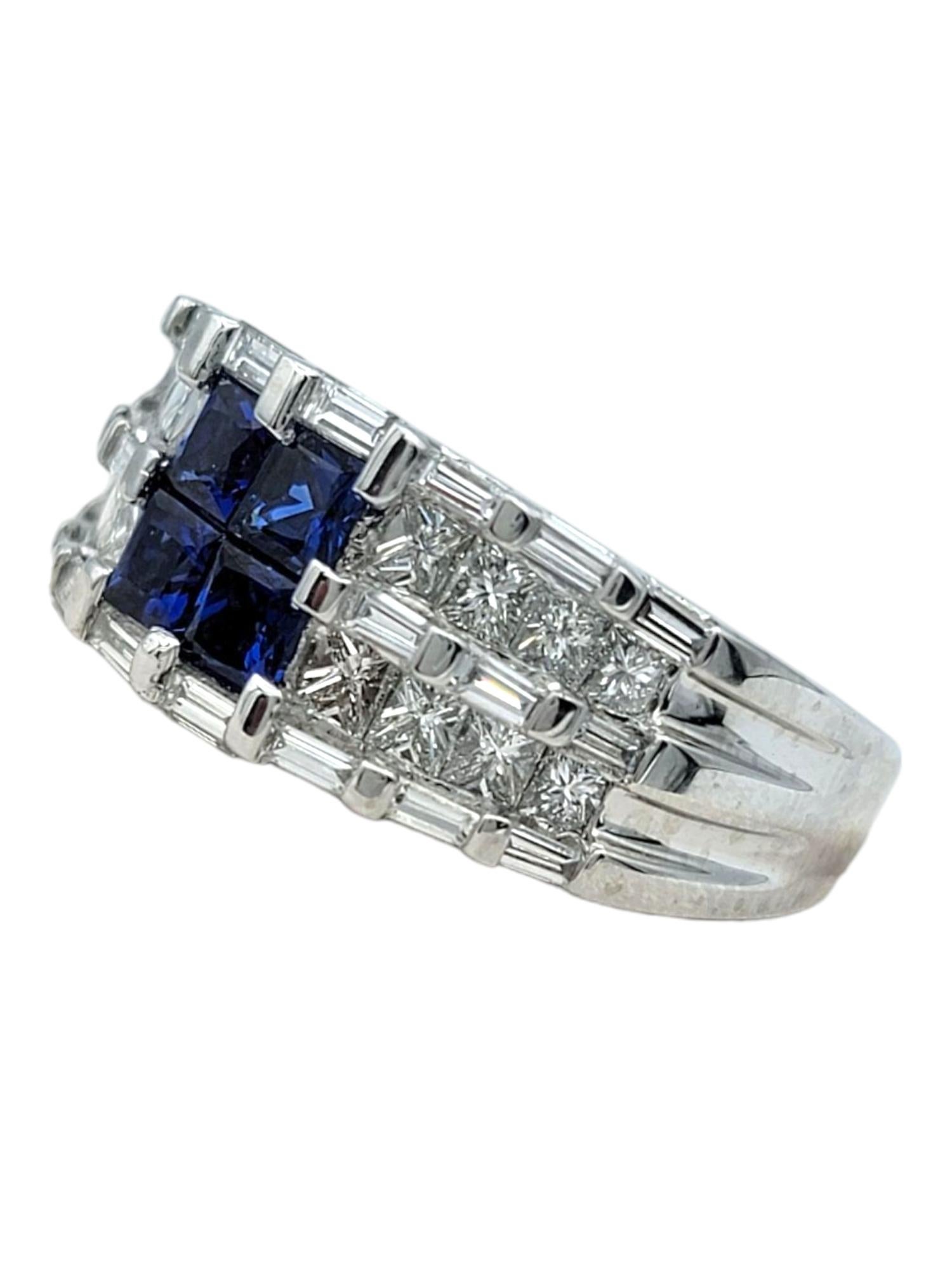 Princess Cut Blue Sapphire and Diamond Multi Row Tapered Band Ring in Platinum In Good Condition For Sale In Scottsdale, AZ