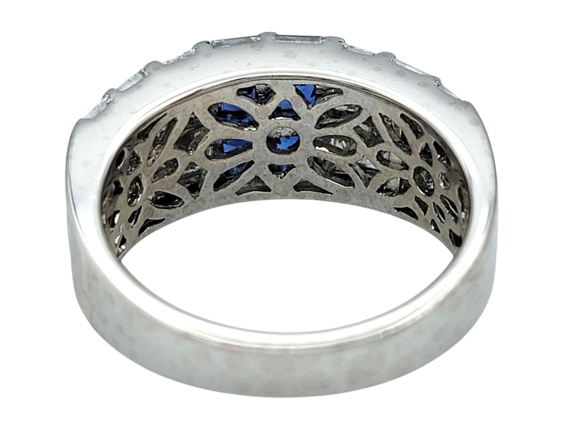 Women's Princess Cut Blue Sapphire and Diamond Multi Row Tapered Band Ring in Platinum For Sale