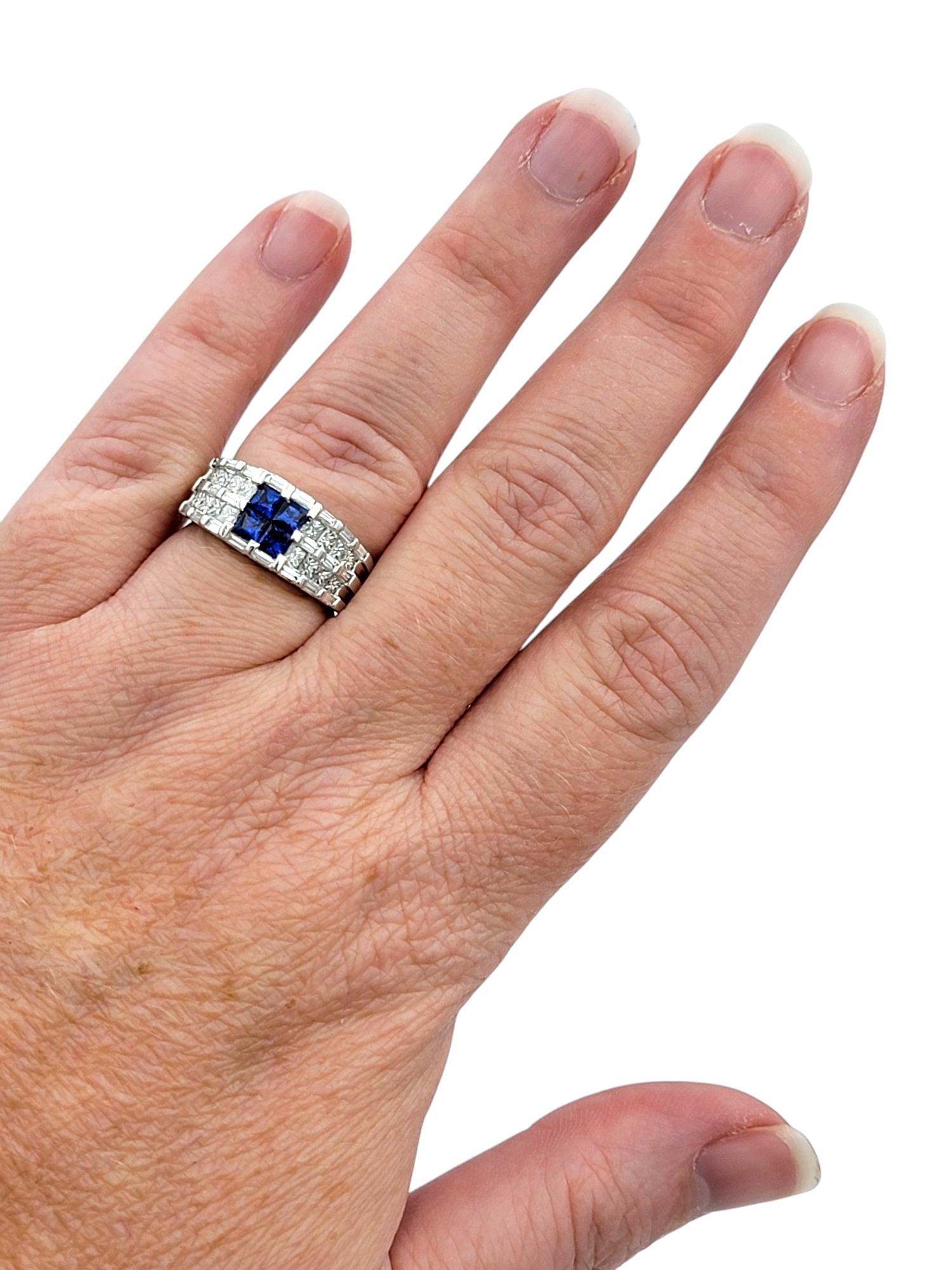 Princess Cut Blue Sapphire and Diamond Multi Row Tapered Band Ring in Platinum For Sale 2