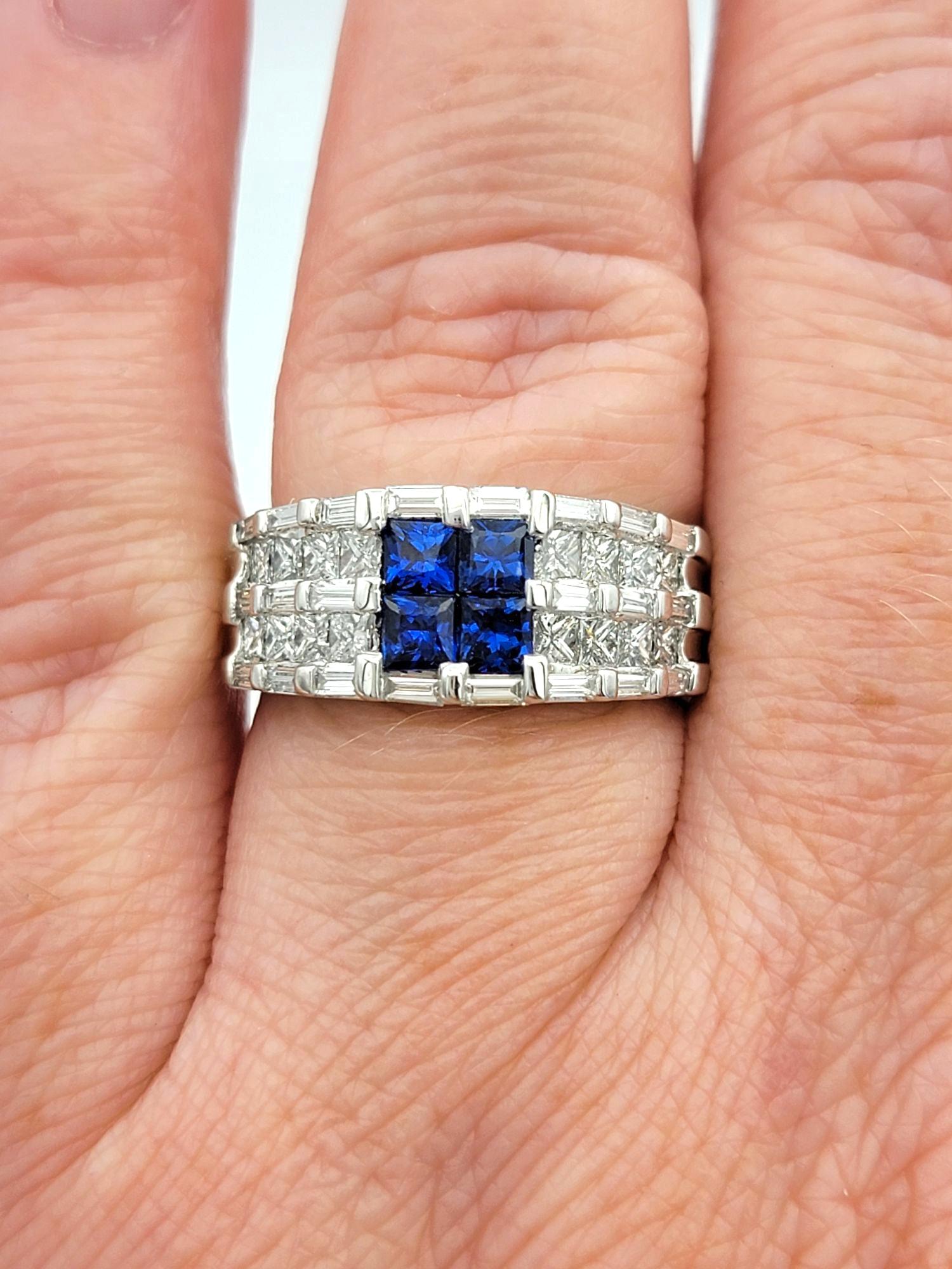 Princess Cut Blue Sapphire and Diamond Multi Row Tapered Band Ring in Platinum For Sale 3